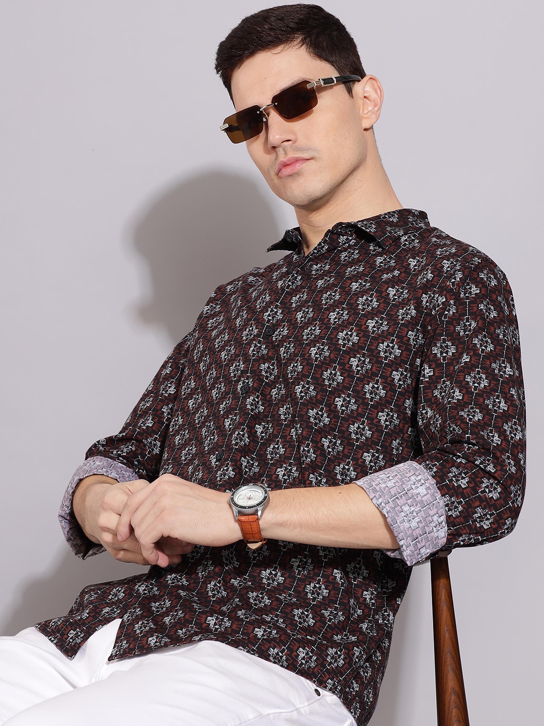 

HERE&NOW Spread Collar Slim Fit Printed Cotton Casual Shirt, Maroon