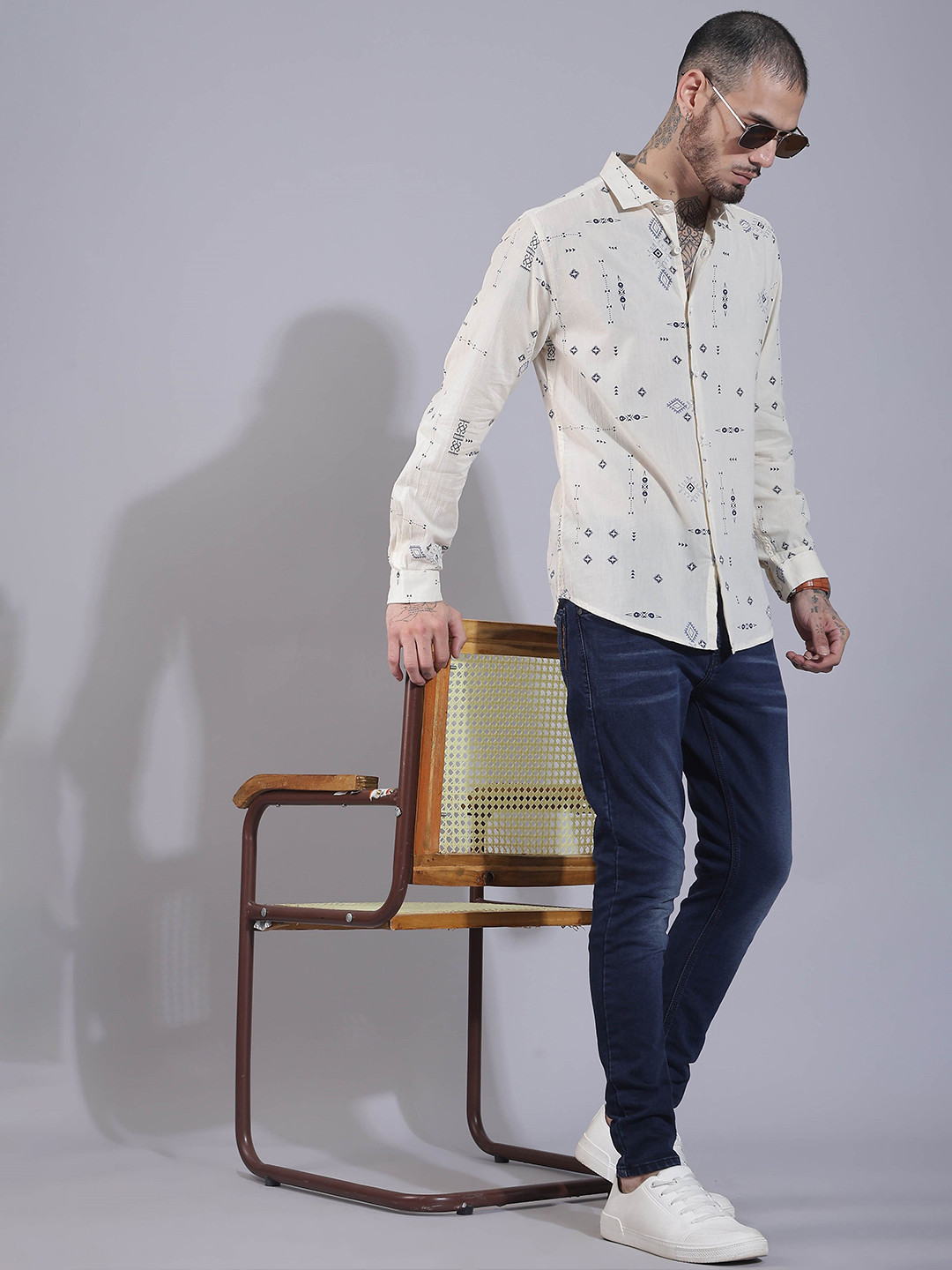 

HERE&NOW Spread Collar Long Sleeves Slim Fit Geometric Printed Casual Shirt, Cream