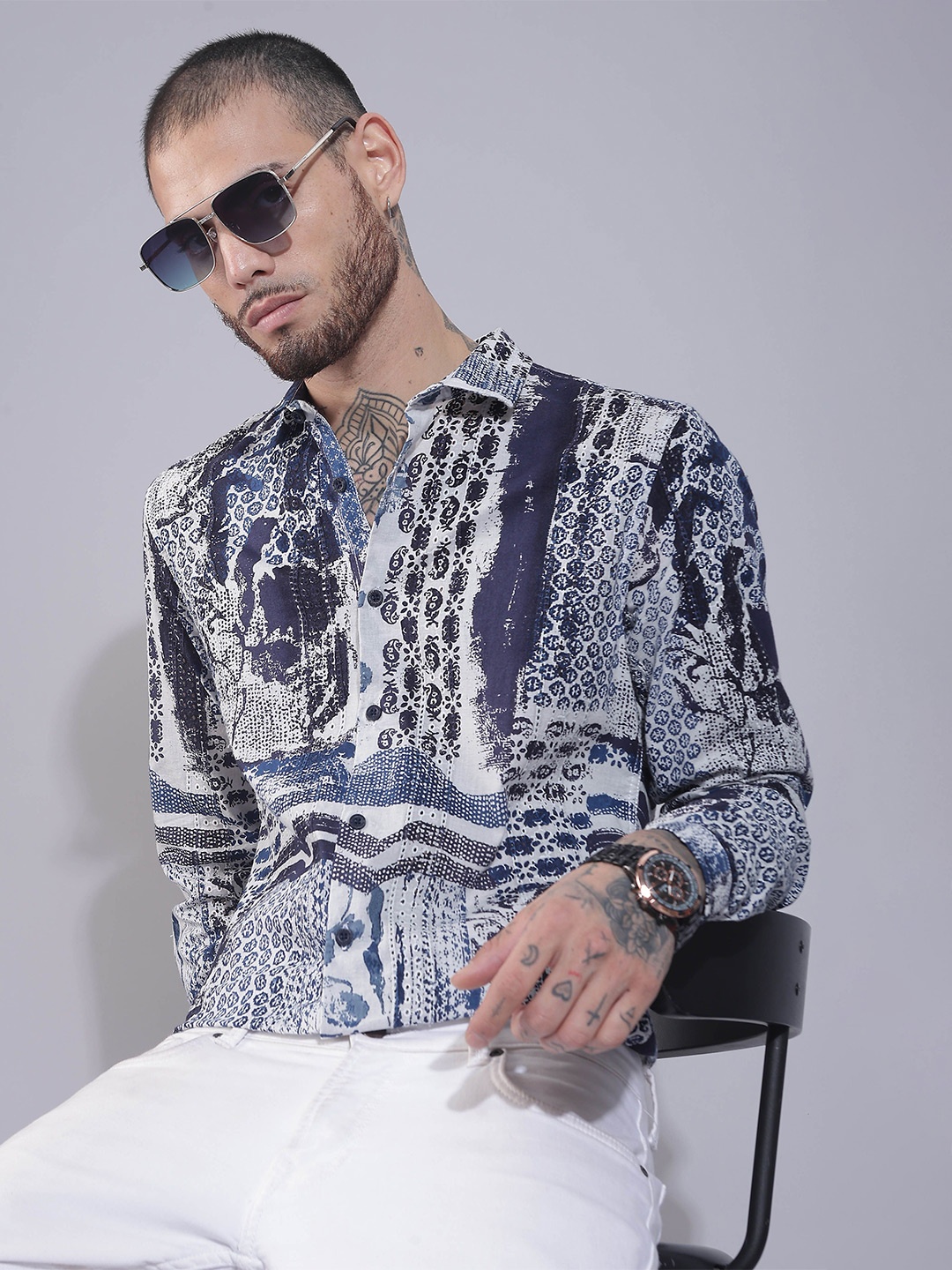 

HERE&NOW Spread Collar Long Sleeves Slim Fit Floral Printed Cotton Casual Shirt, Brown