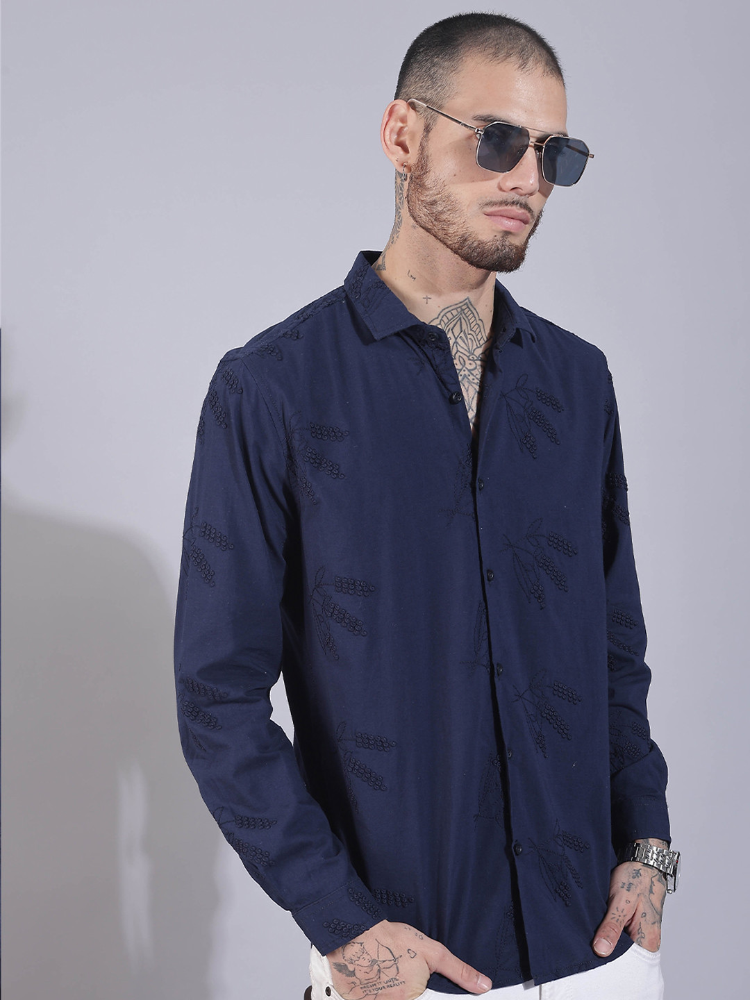 

HERE&NOW Spread Collar Long Sleeves Slim Fit Cotton Casual Shirt, Blue