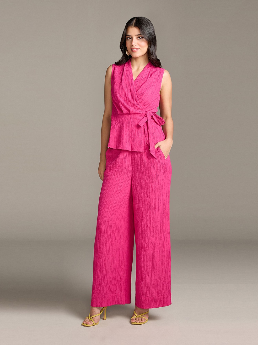 

20Dresses Pink V-Neck Sleeveless Wrap Top & High Waist Trousers