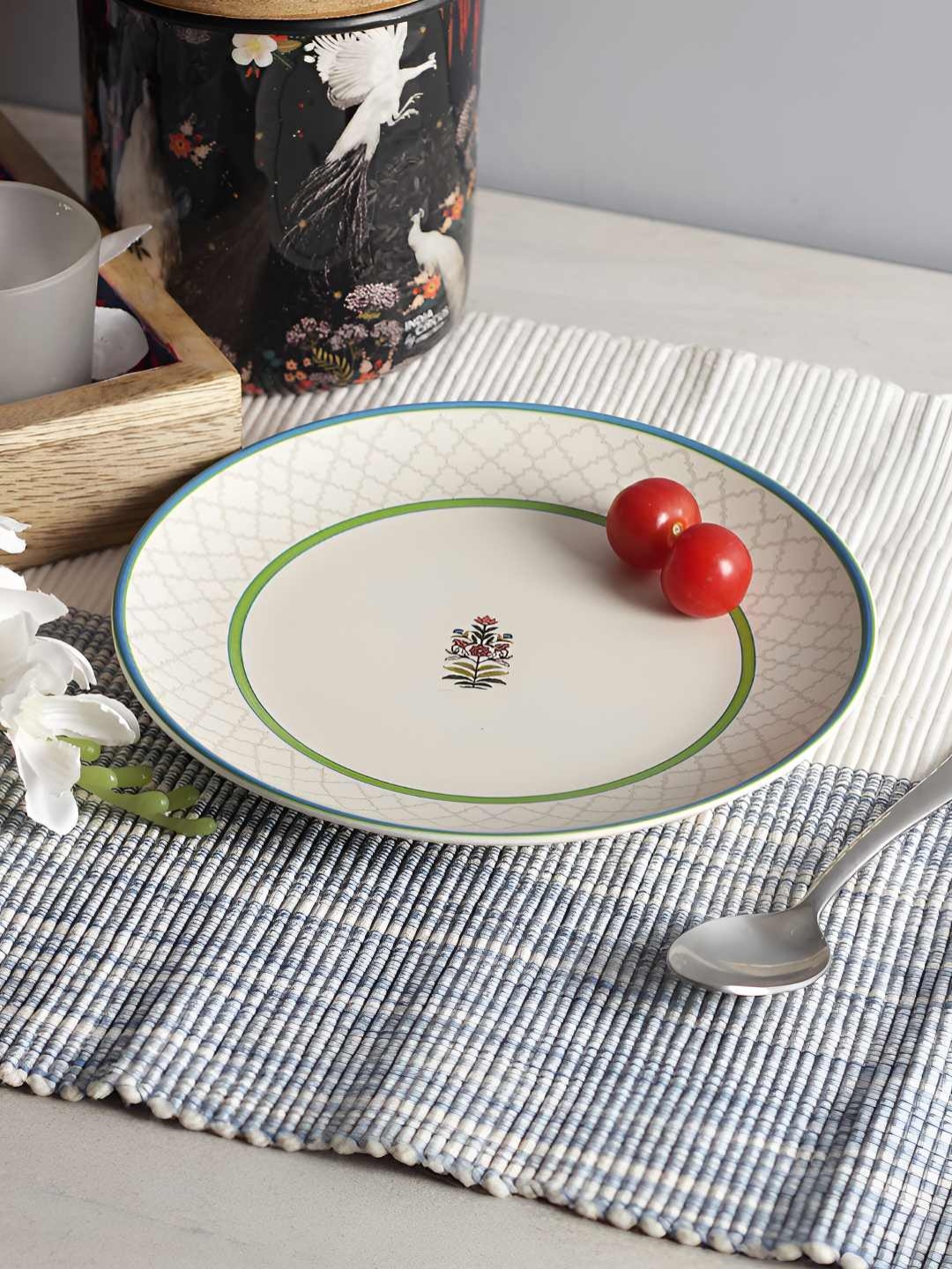 

India Circus by Krsnaa Mehta White & Green Floral Printed Round Plate