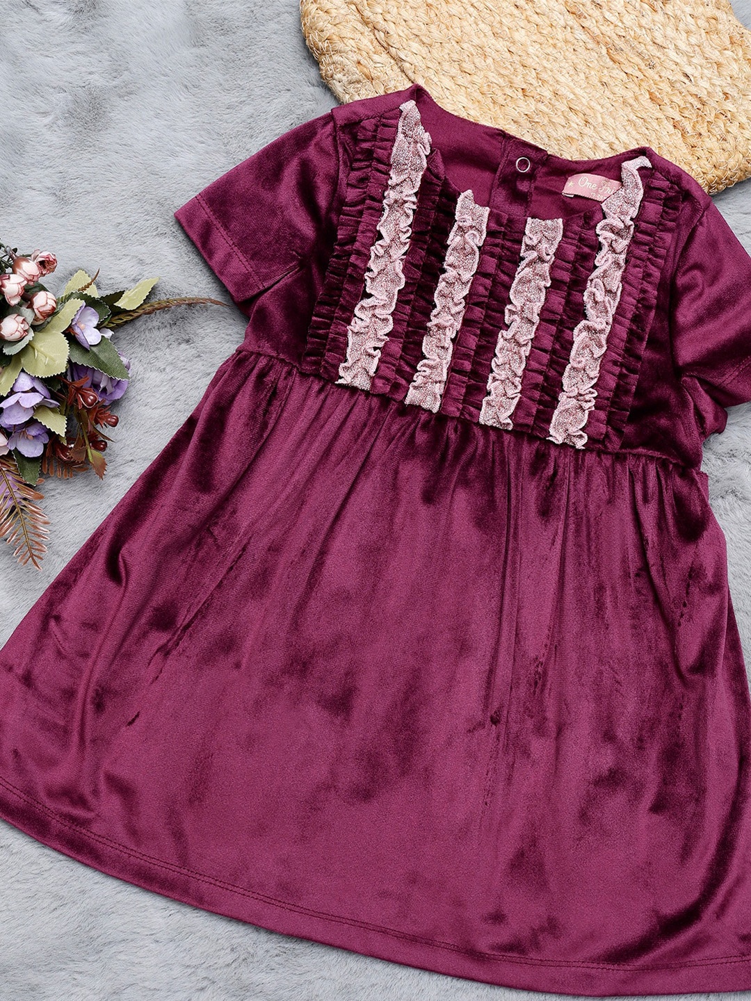 

One Friday Girls Self Design Cotton Fit & Flare Dress, Burgundy