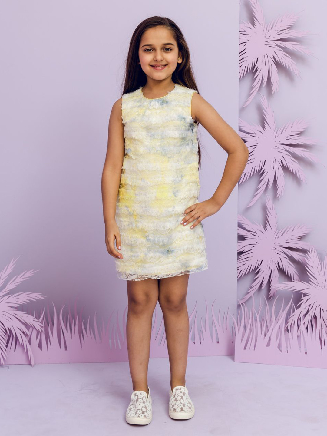 

One Friday Girls Self Design Sleeveless Sheath Dress, Yellow
