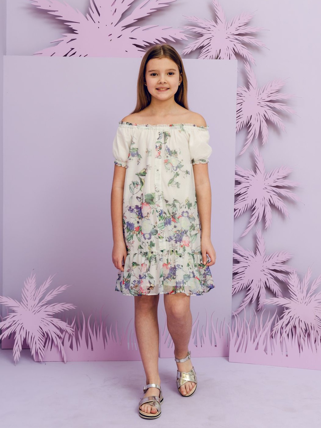 

One Friday Girls Floral Printed Off-Shoulder Cotton A-Line Dress, Off white