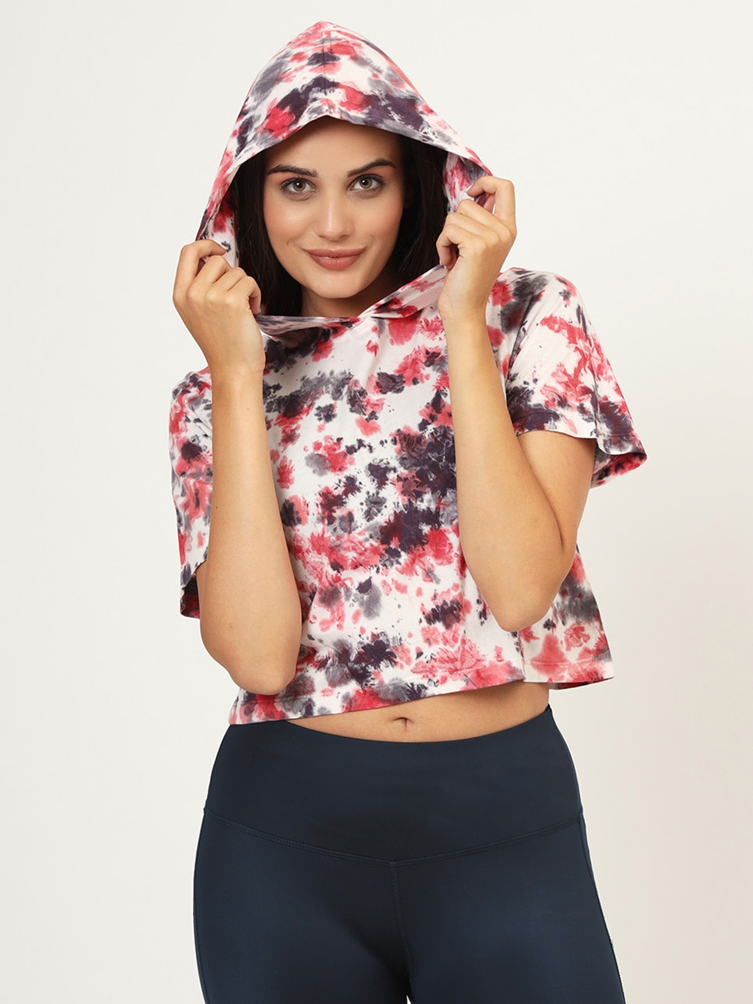 

CHARMGAL Tie And Dye Printed Hood Neck Casual Crop Top, White