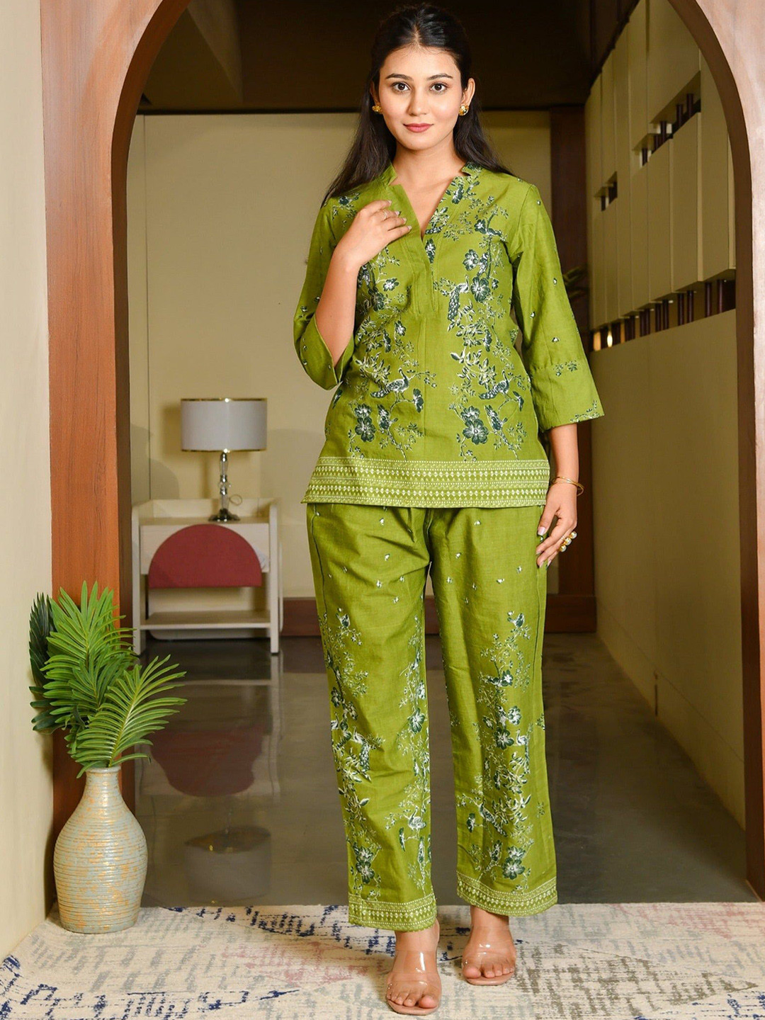 

Thread & Button Printed Pure Cotton Co-Ords, Green