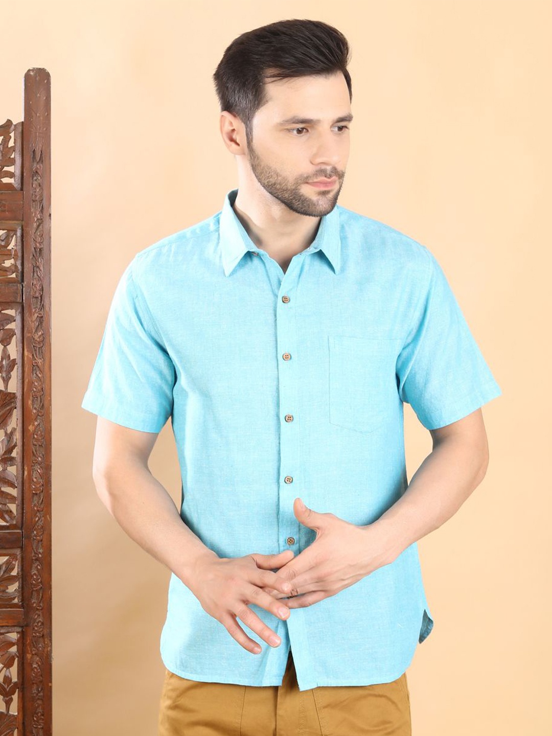 

Streaks & Crosses Smart Spread Collar Short Sleeves Cotton Casual Shirt, Blue