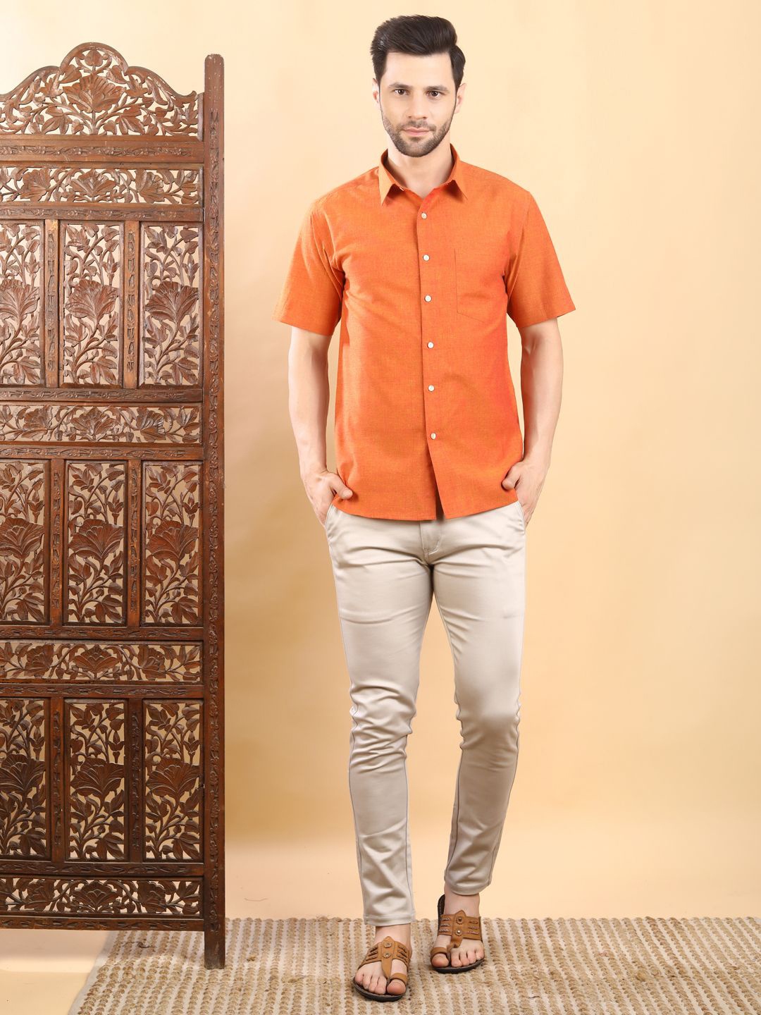 

Streaks & Crosses Smart Short Sleeves Cotton Casual Shirt, Orange