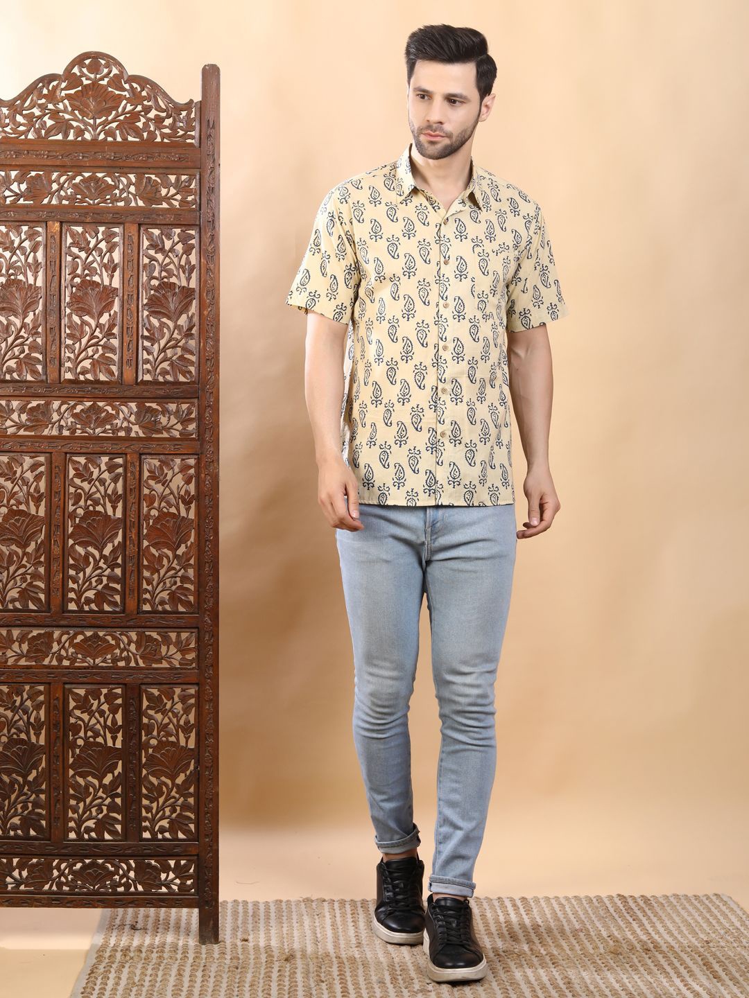 

Streaks & Crosses Paisley Printed Smart Cotton Casual Shirt, Beige