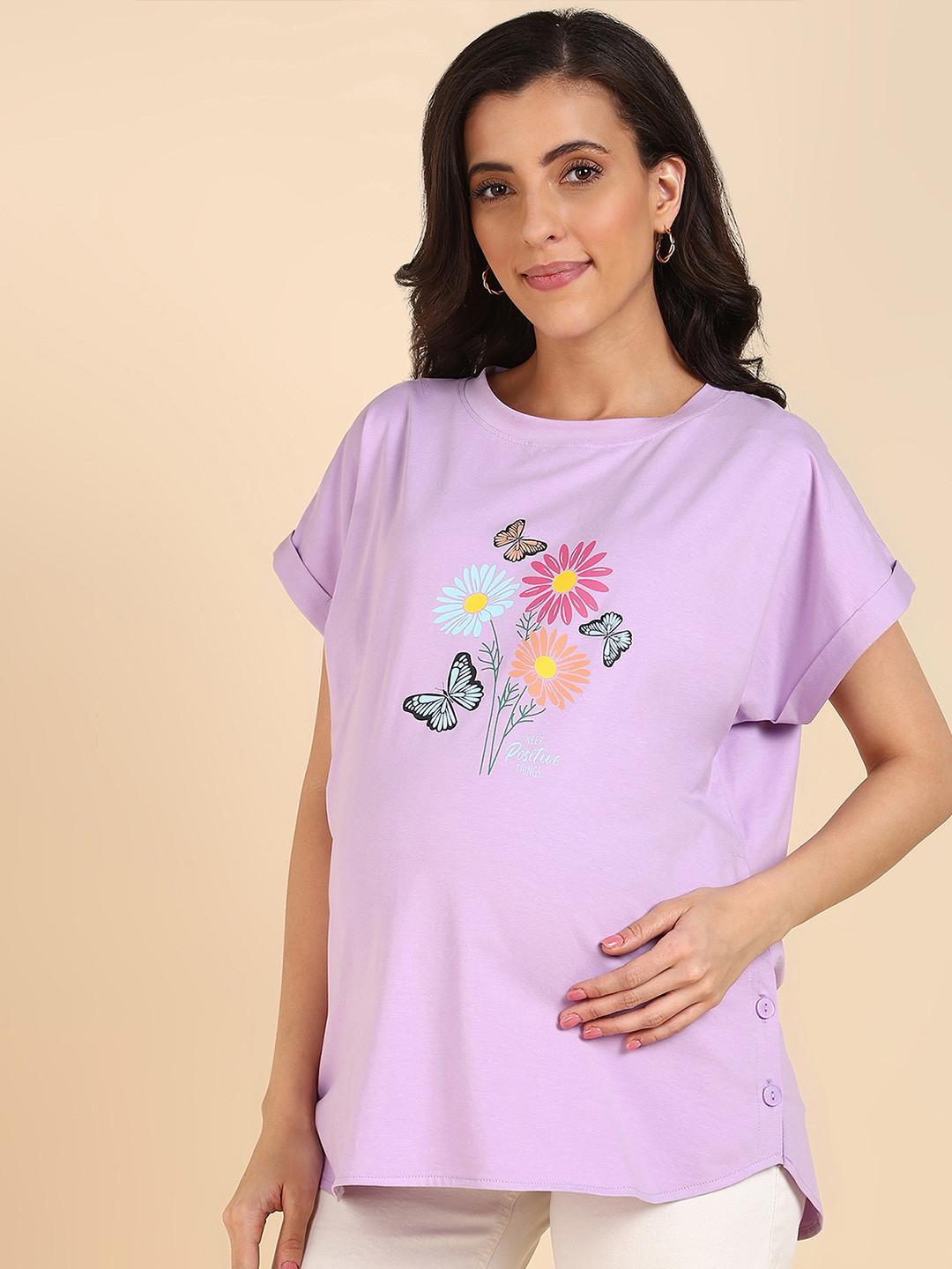

House Of Zelena Floral Printed Round Neck Extended Sleeves Cotton Maternity Top, Lavender