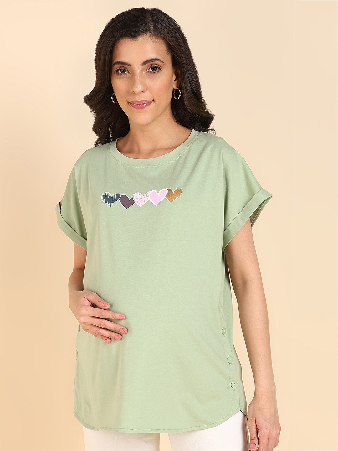 

House Of Zelena Conversational Printed Round Neck Extended Sleeves Cotton Maternity Top, Green