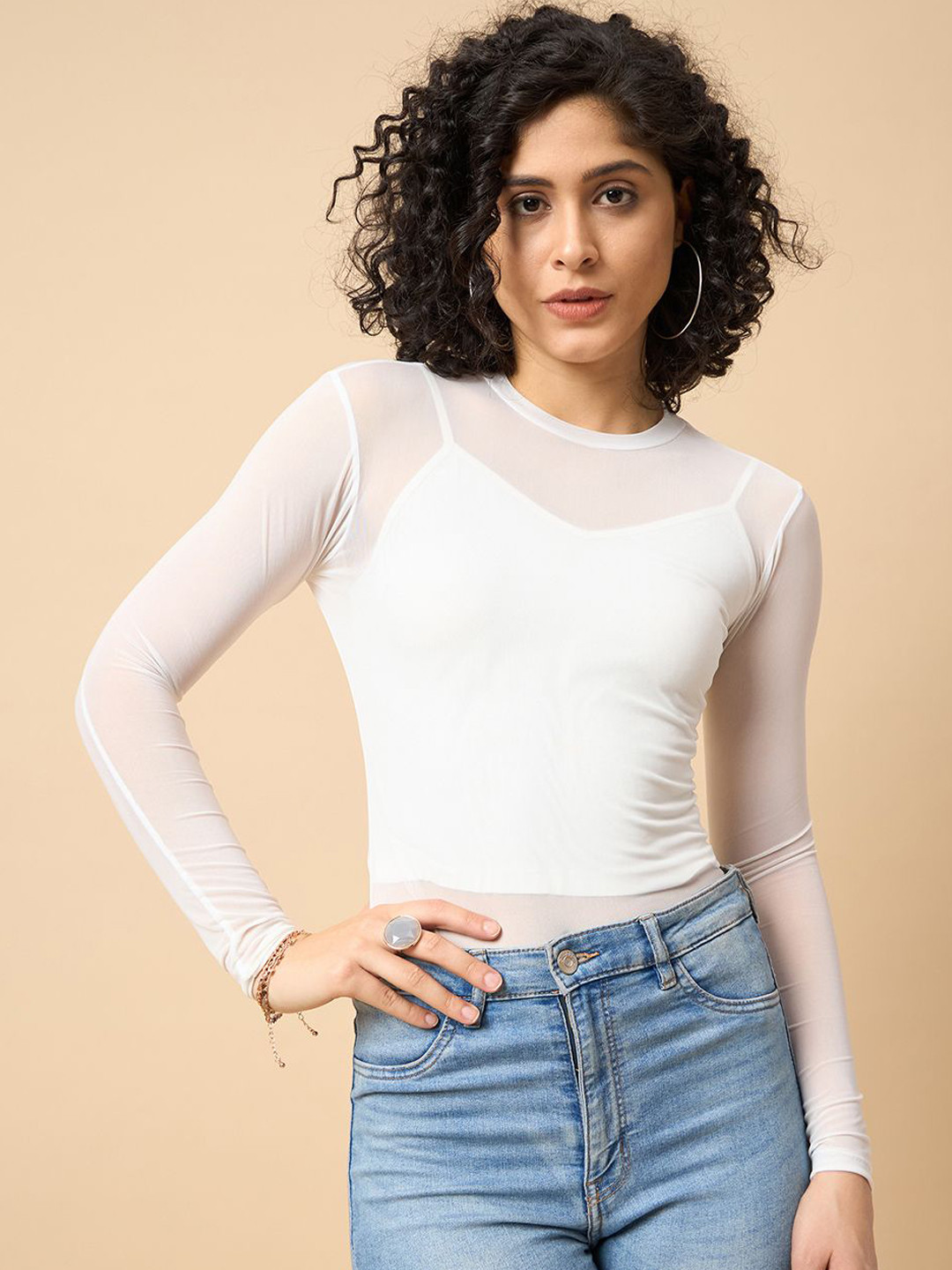 

COLOR CAPITAL Round Neck Mesh Bodysuit, White