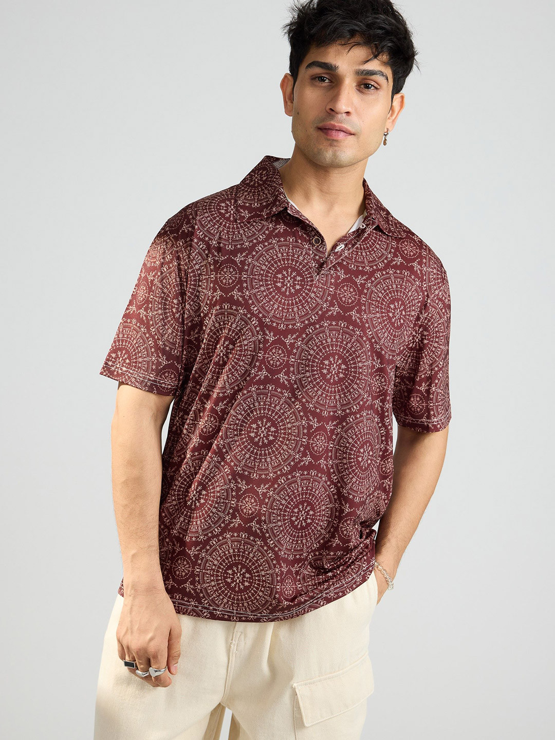

FREAKINS Abstract Printed Polo Collar Short Sleeves T-shirt, Brown