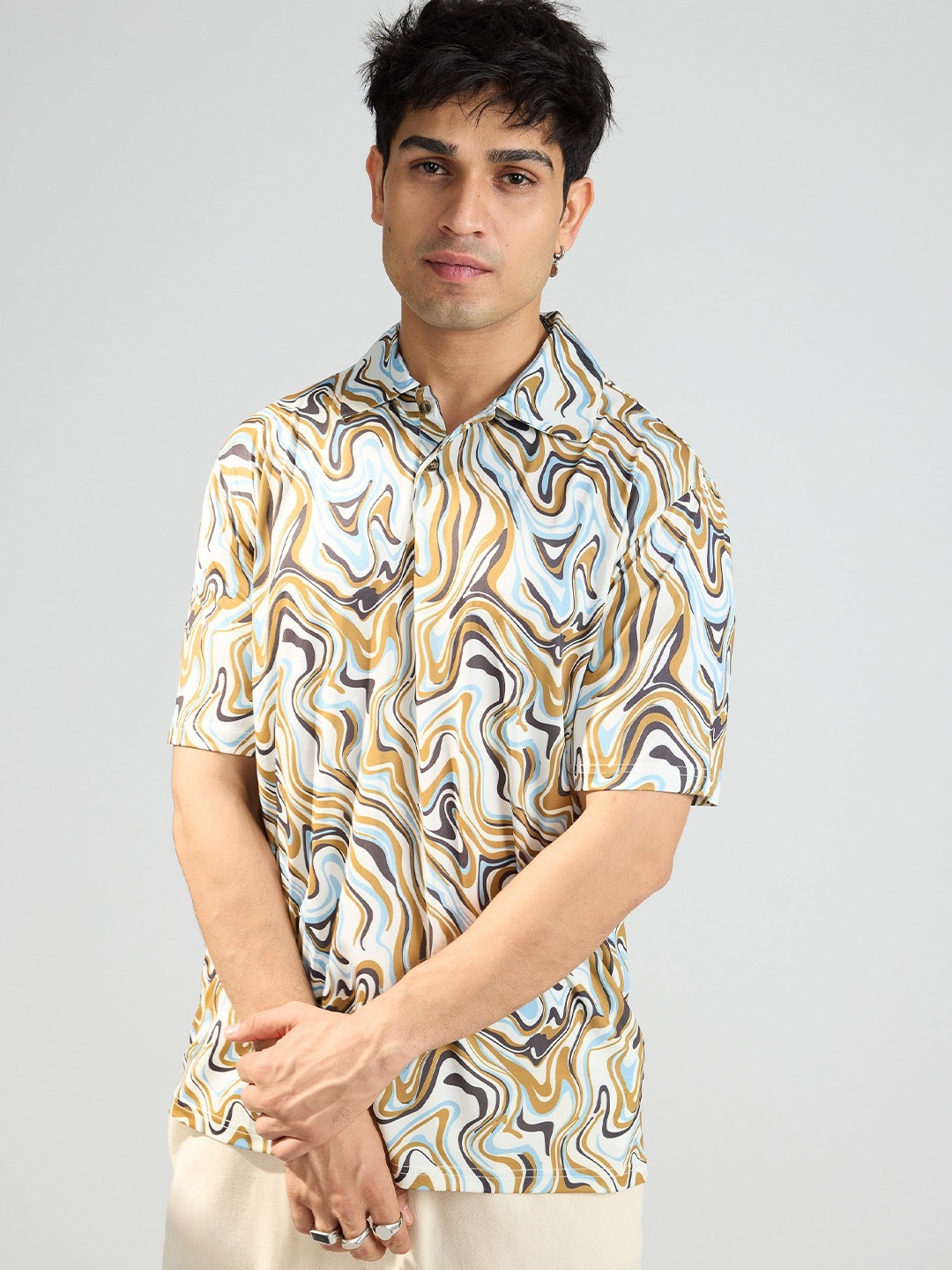 

FREAKINS Abstract Printed Polo Collar Short Sleeves T-shirt, White