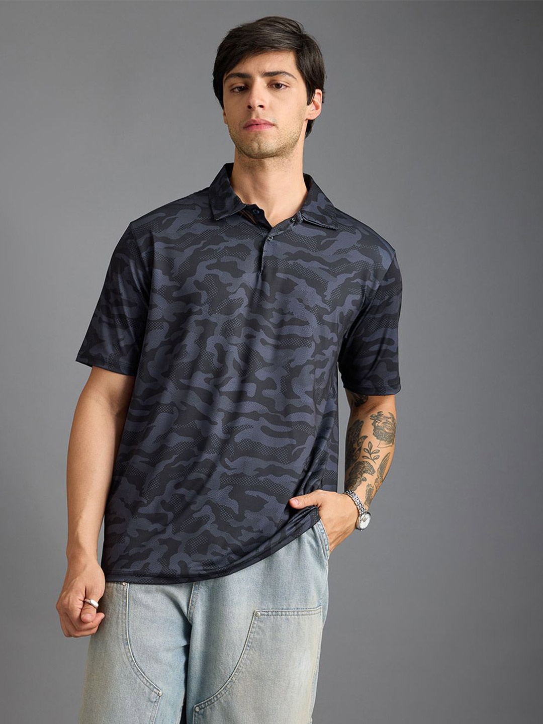 

FREAKINS Abstract Printed Polo Collar Short Sleeves T-shirt, Black