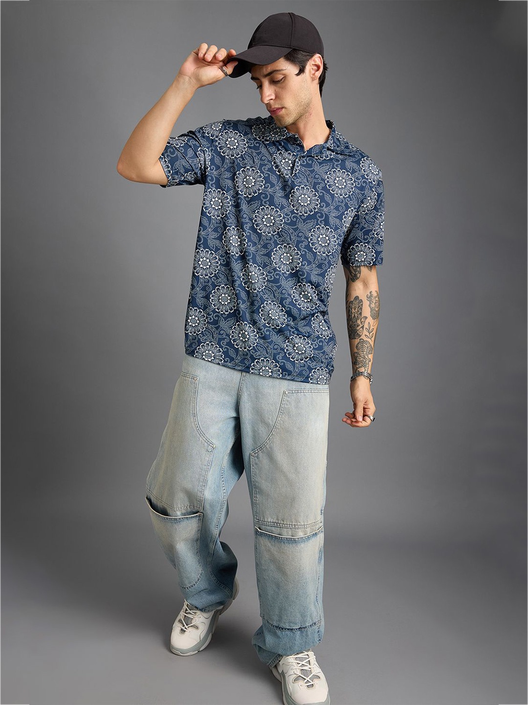 

FREAKINS Floral Printed Polo Collar Short Sleeves T-shirt, Blue