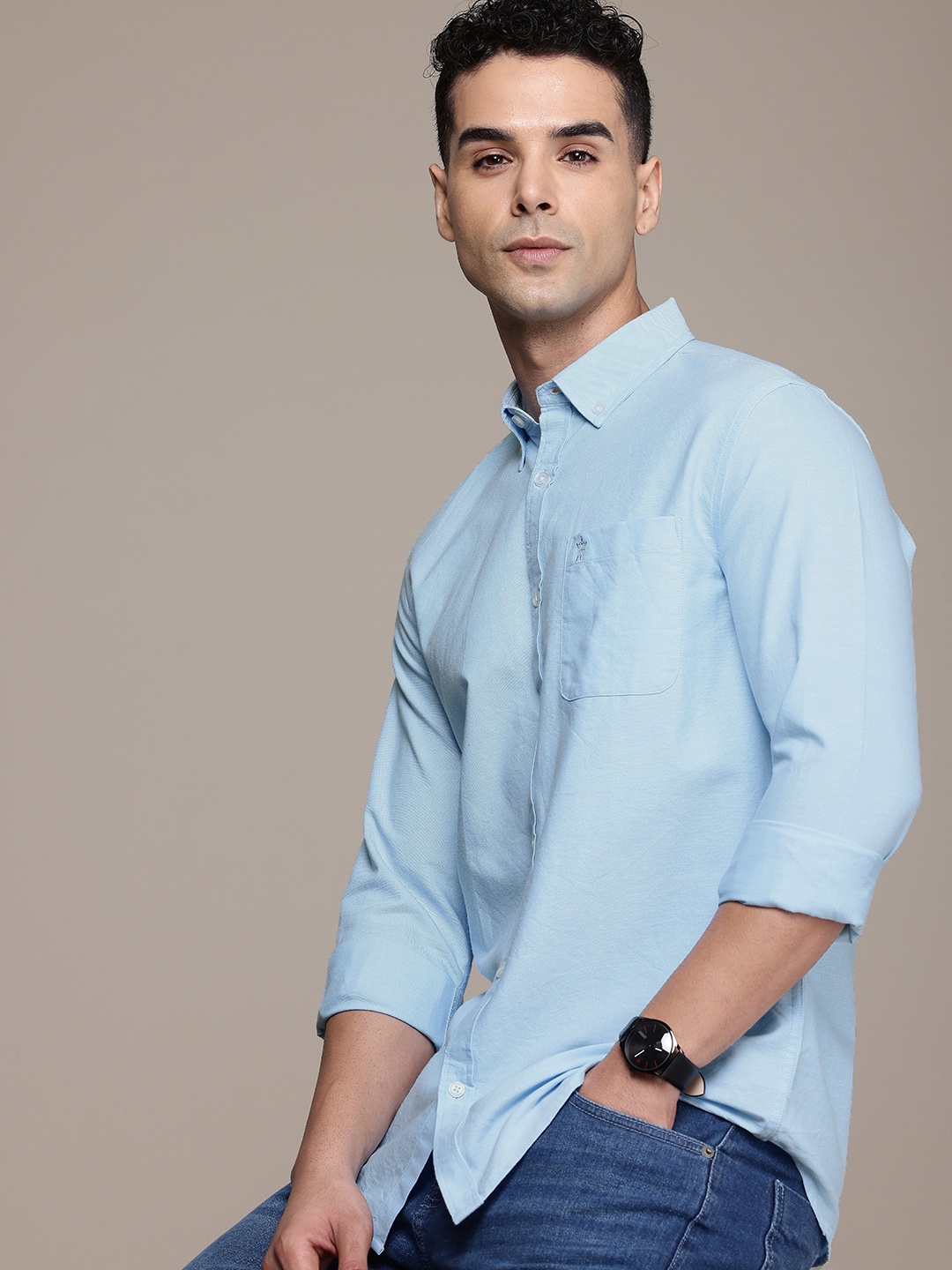 

French Connection Men Premium Slim Fit Oxford Cotton Casual Shirt, Blue