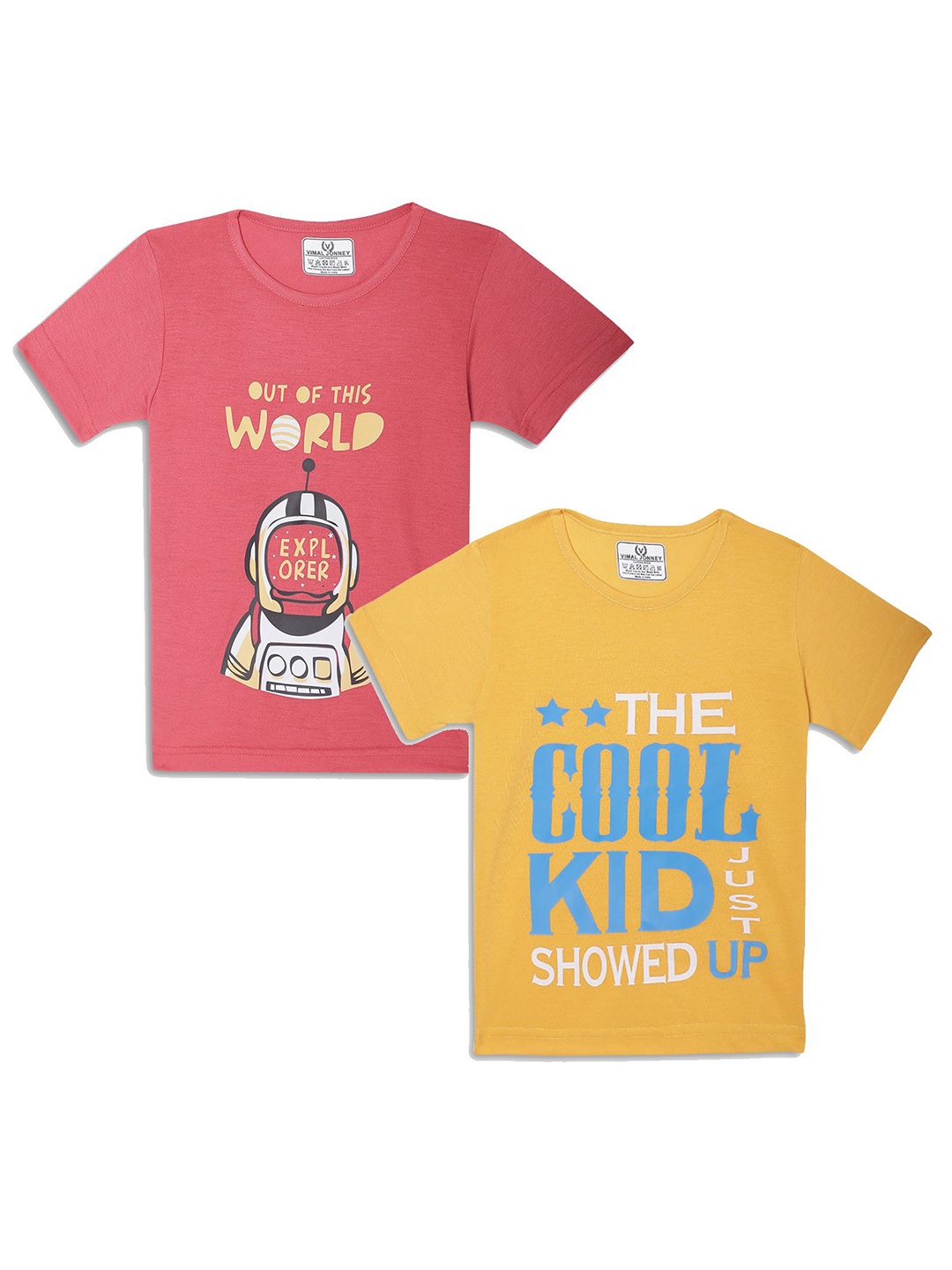 

MACK JONNEY Kids Pink & Yellow Pack Of 2 Typography Printed Casual T-Shirt