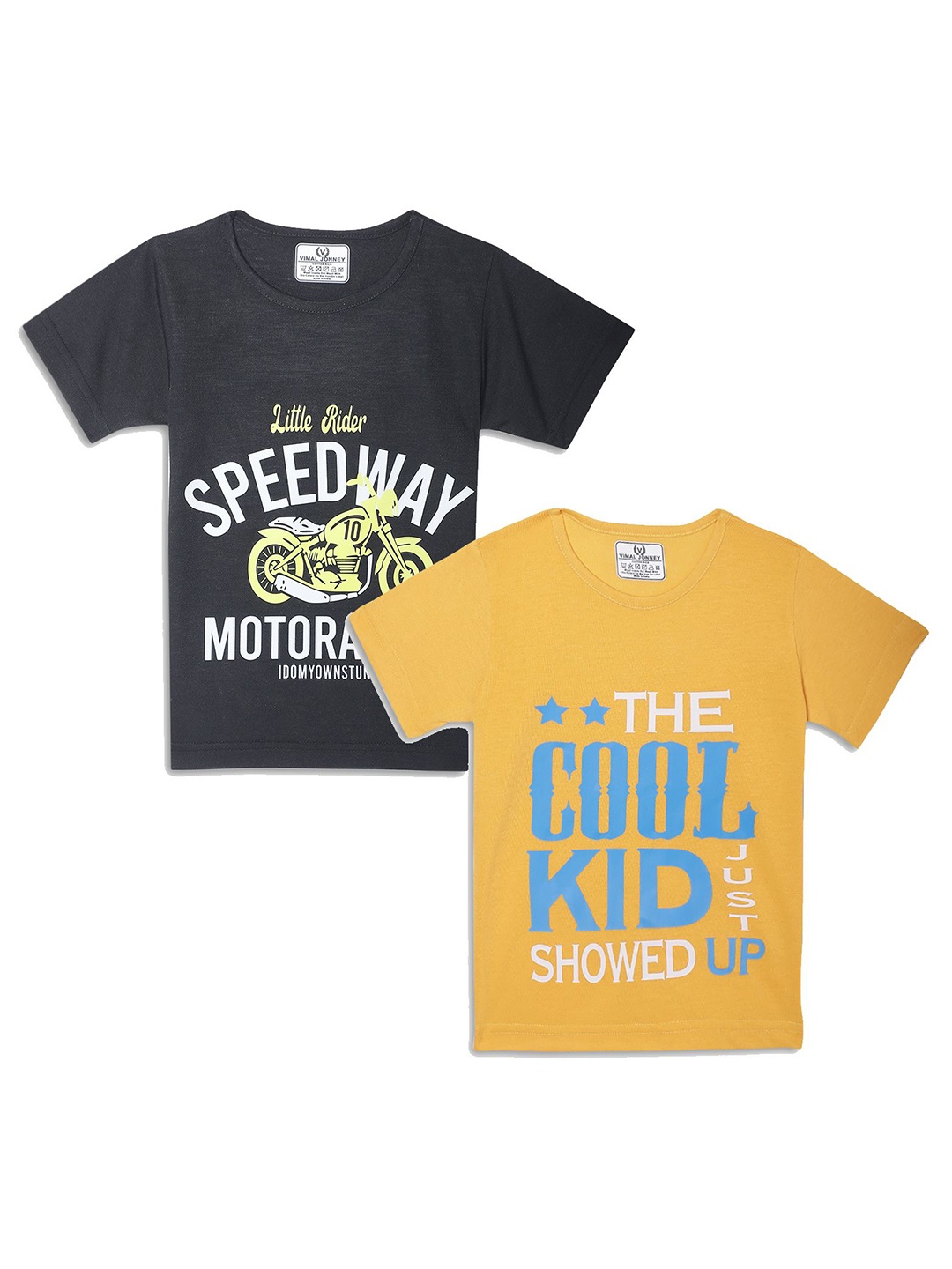 

MACK JONNEY Kids Black & Yellow Pack Of 2 Typography Printed Casual T-Shirt