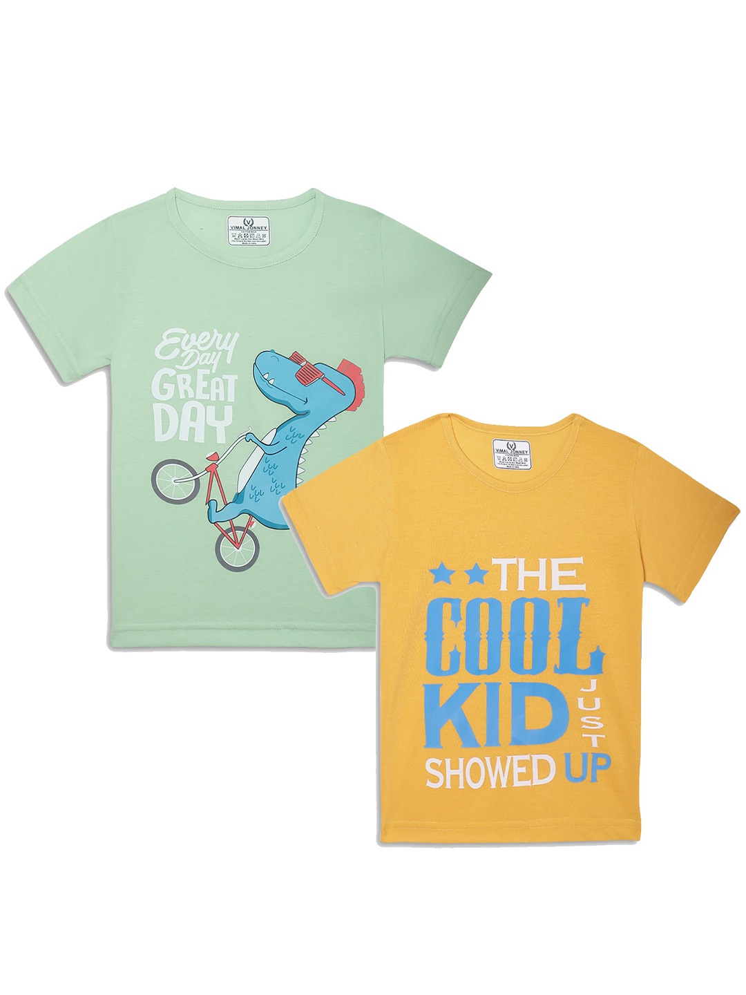 

VIMAL JONNEY Kids Green & Yellow Pack Of 2 Typography Printed Casual T-Shirt