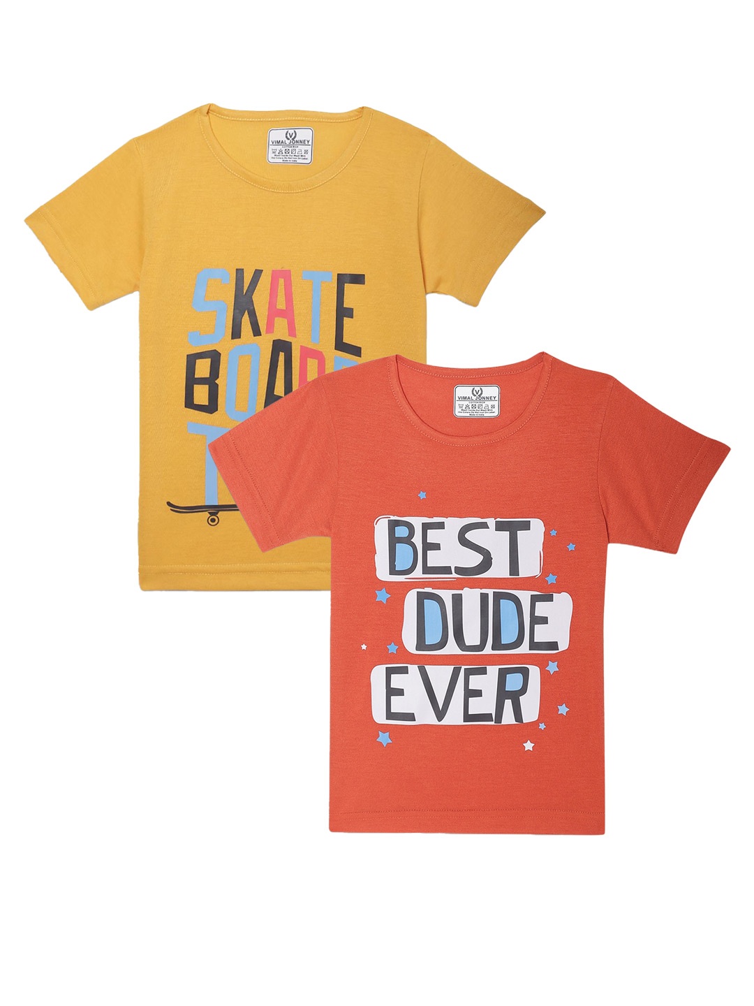 

MACK JONNEY Kids Yellow & Orange Pack Of 2 Typography Printed Casual T-Shirt