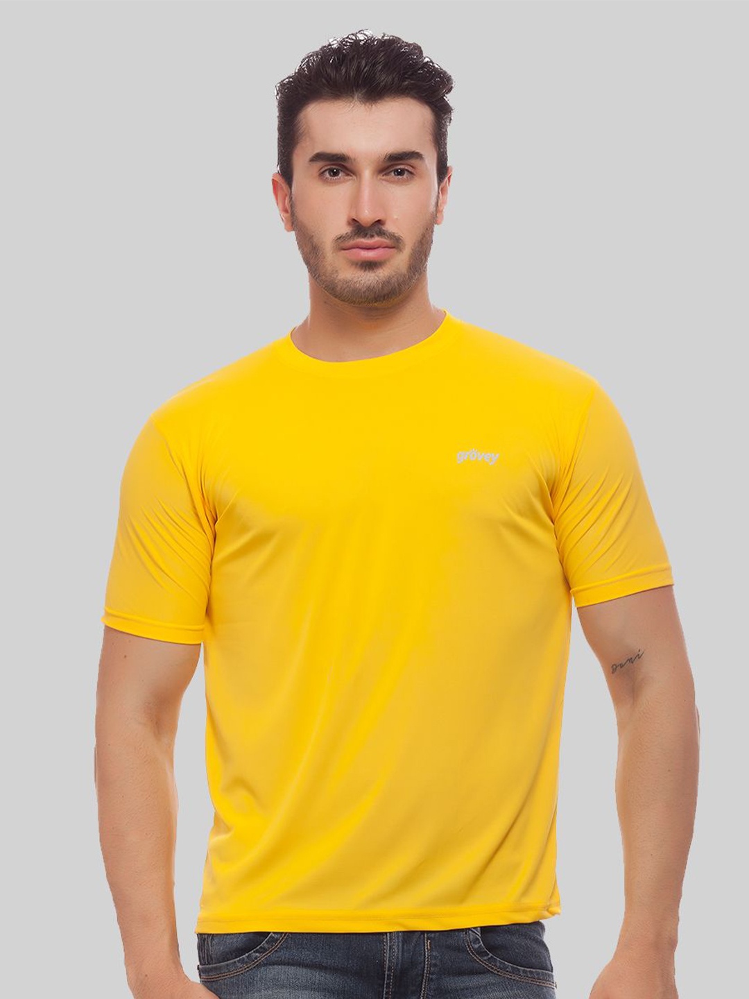 

Greylongg Short Sleeves Round Neck Applique Knitted T-shirt, Yellow