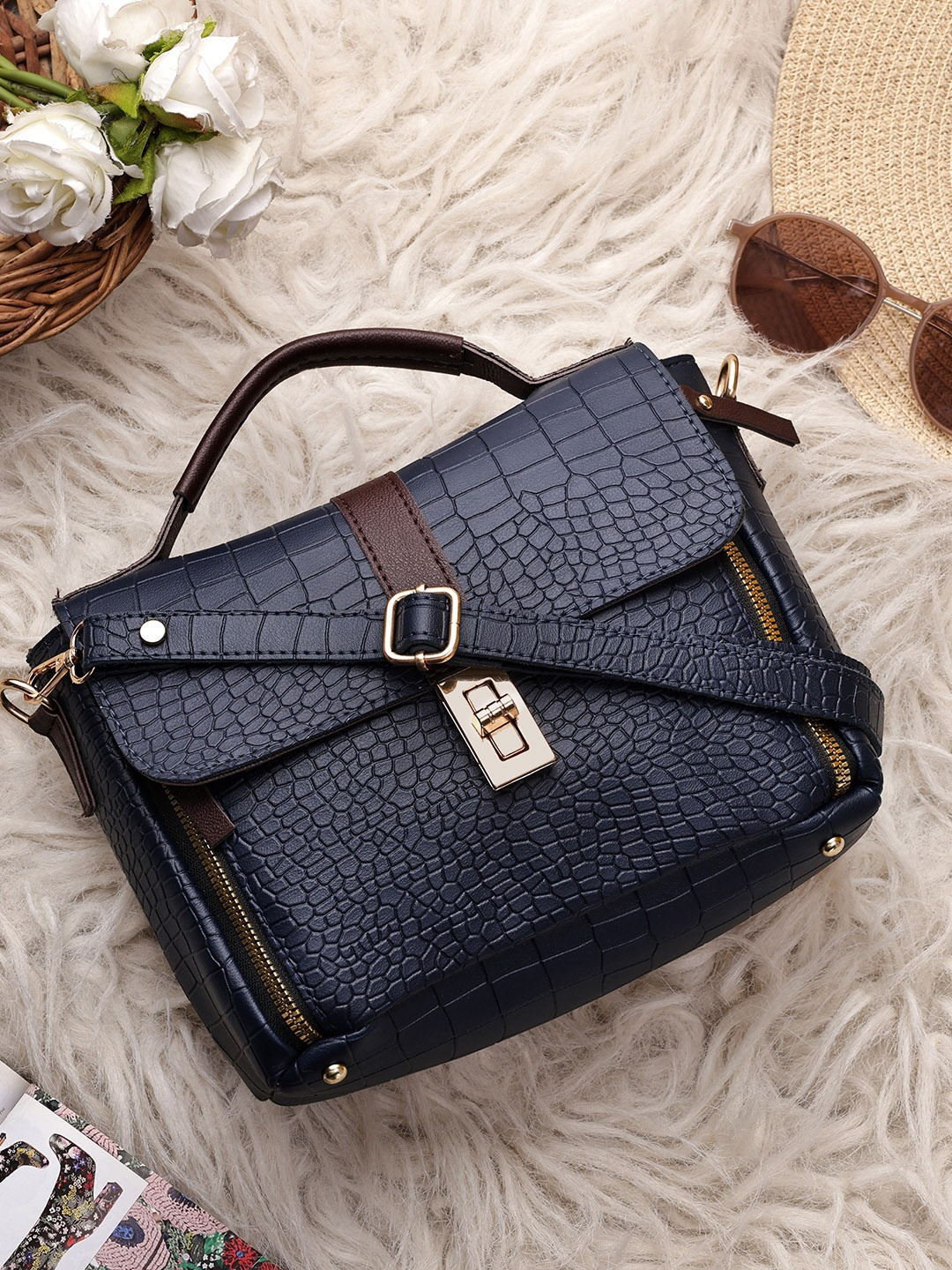 

LEGAL BRIBE Textured Structured Satchel Bag, Navy blue