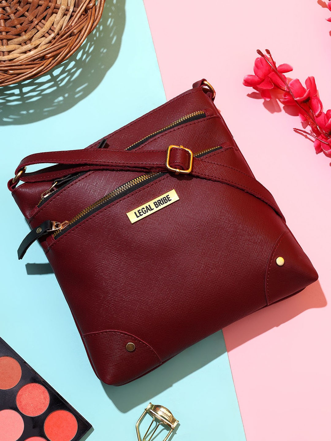 

LEGAL BRIBE Textured PU Structured Sling Bag, Maroon