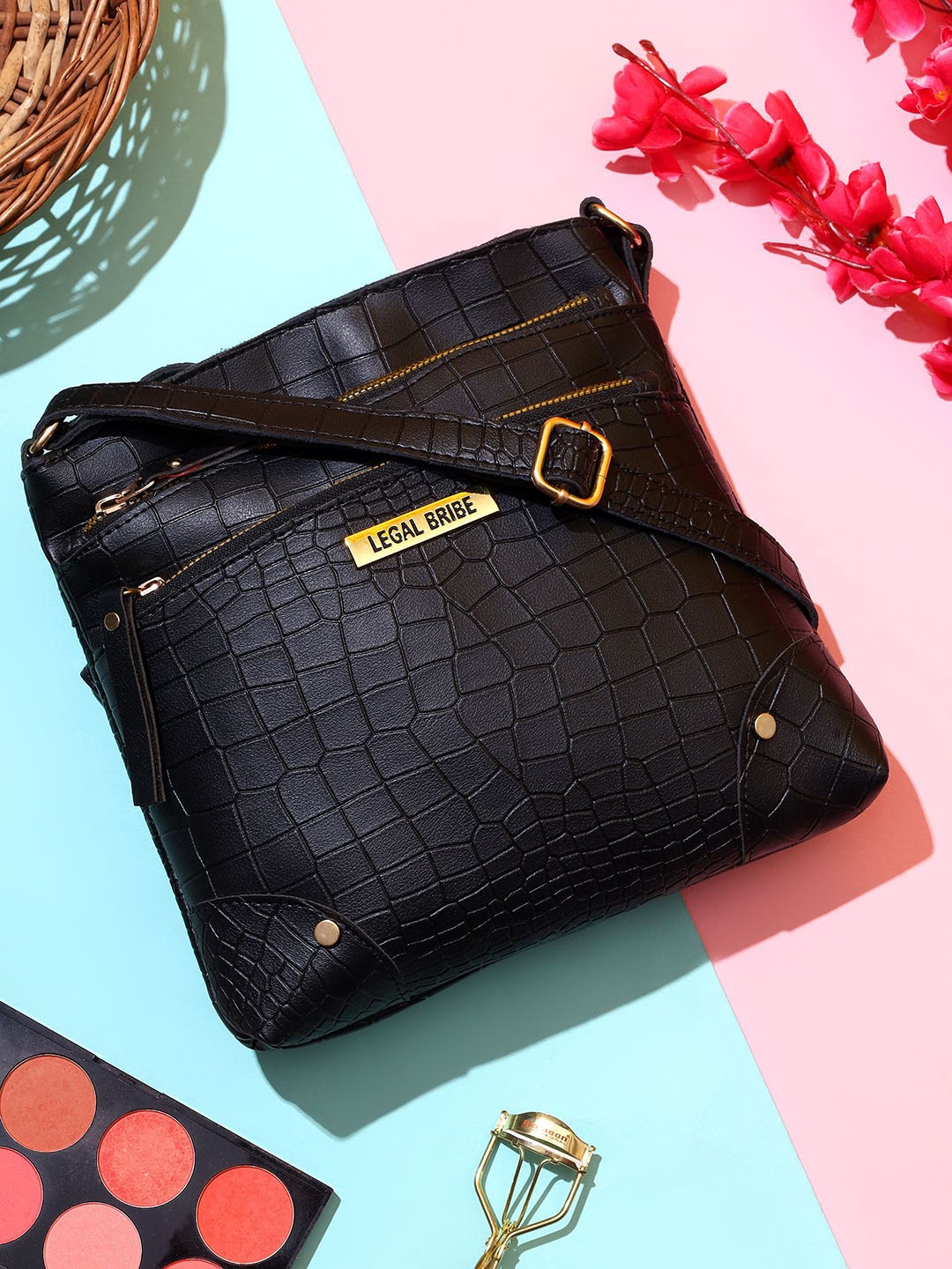 

LEGAL BRIBE Textured PU Structured Sling Bag, Black