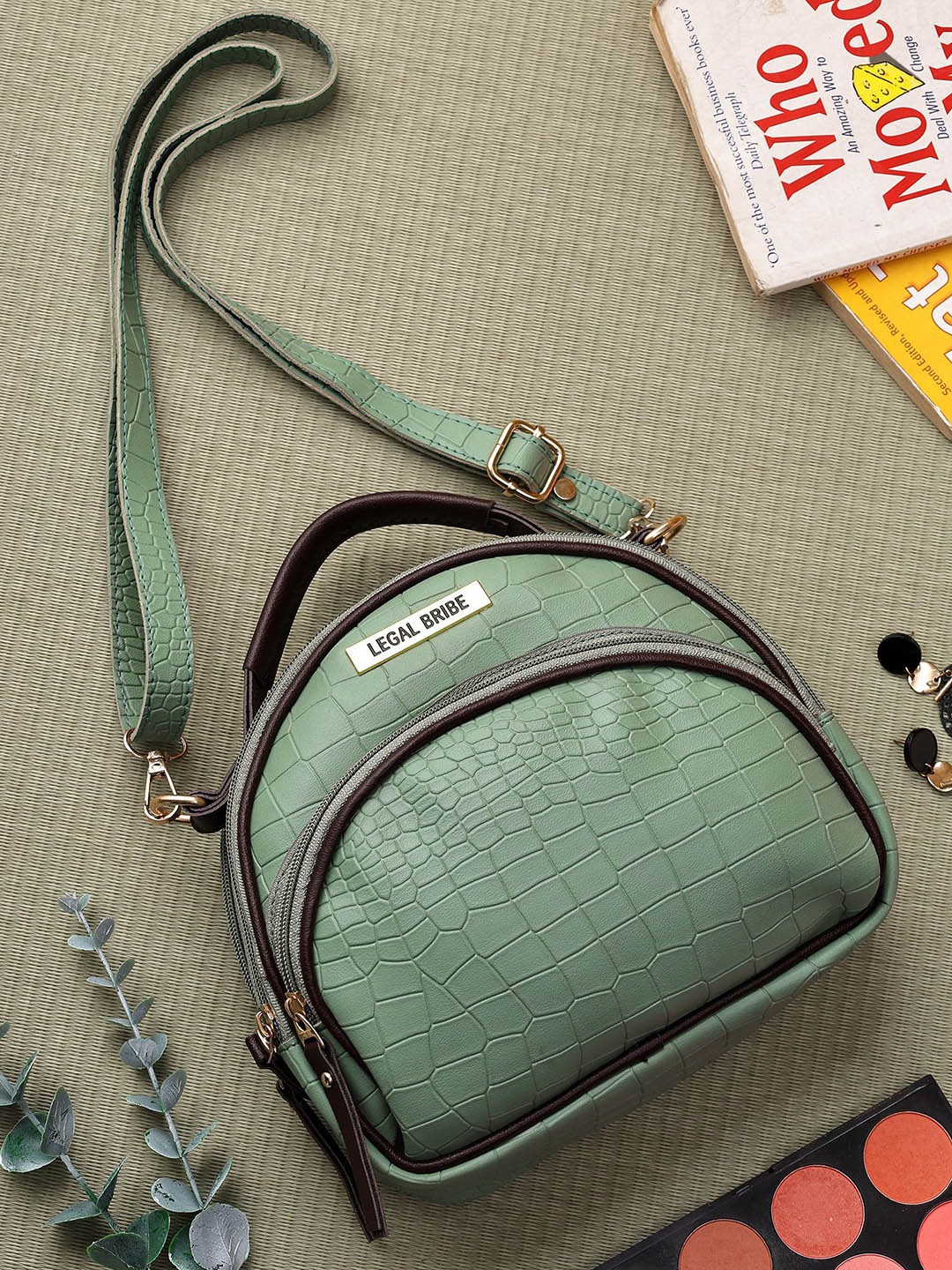 

LEGAL BRIBE Textured Structured Sling Bag, Green