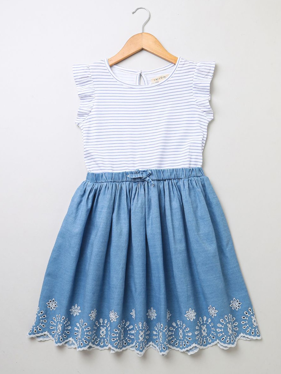 

Sweetlime By AS Girls Striped Flutter Sleeve Schiffli Cotton Fit & Flare Dress, White