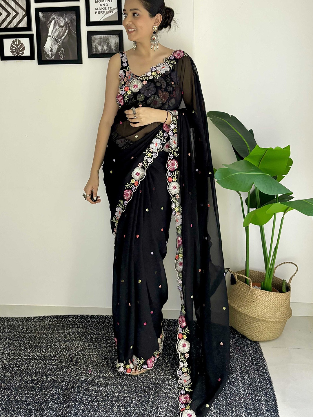 

Mitera Floral Embroidered Sequinned Saree, Black