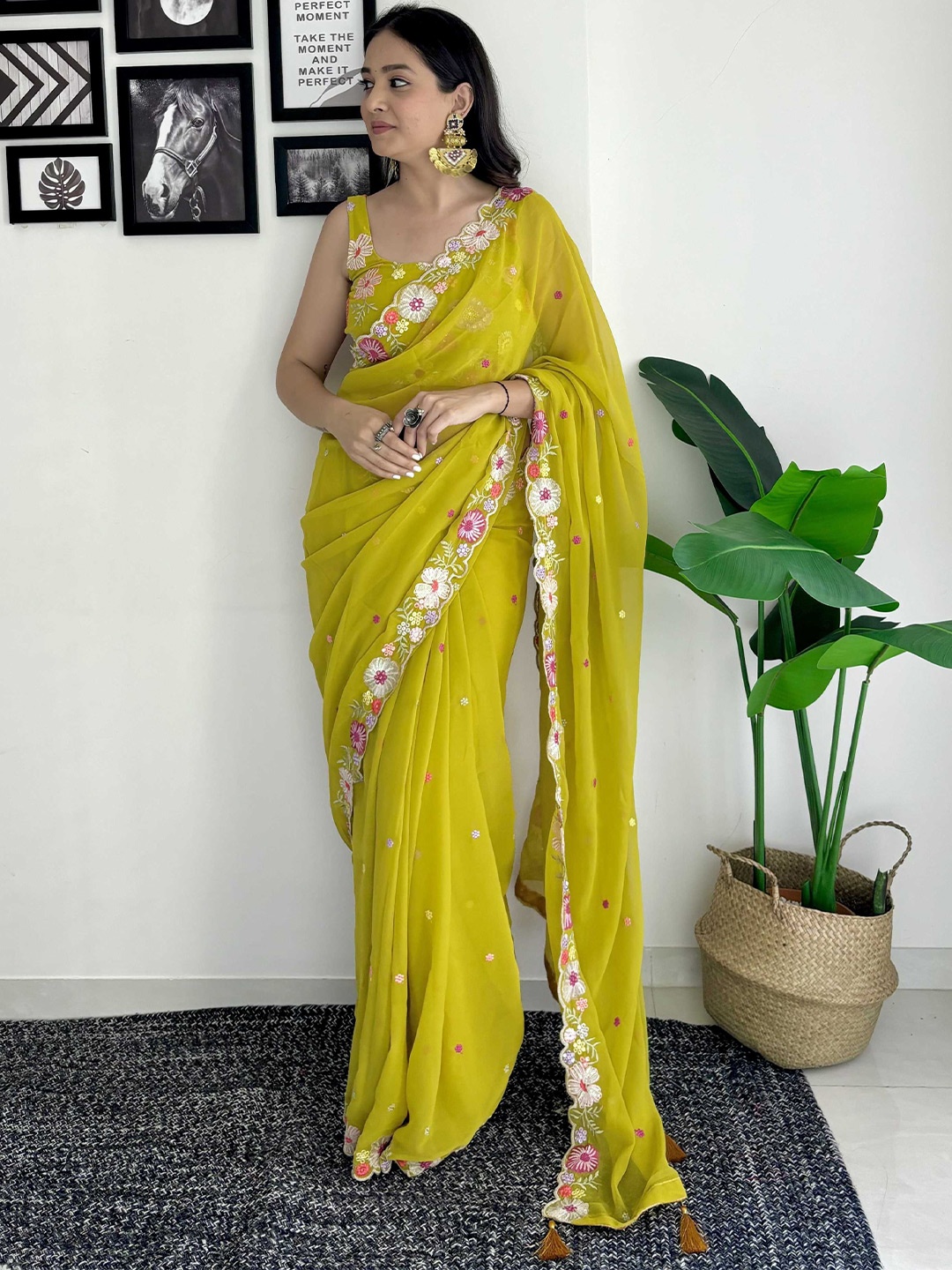 

Mitera Floral Sequinned Saree, Mustard
