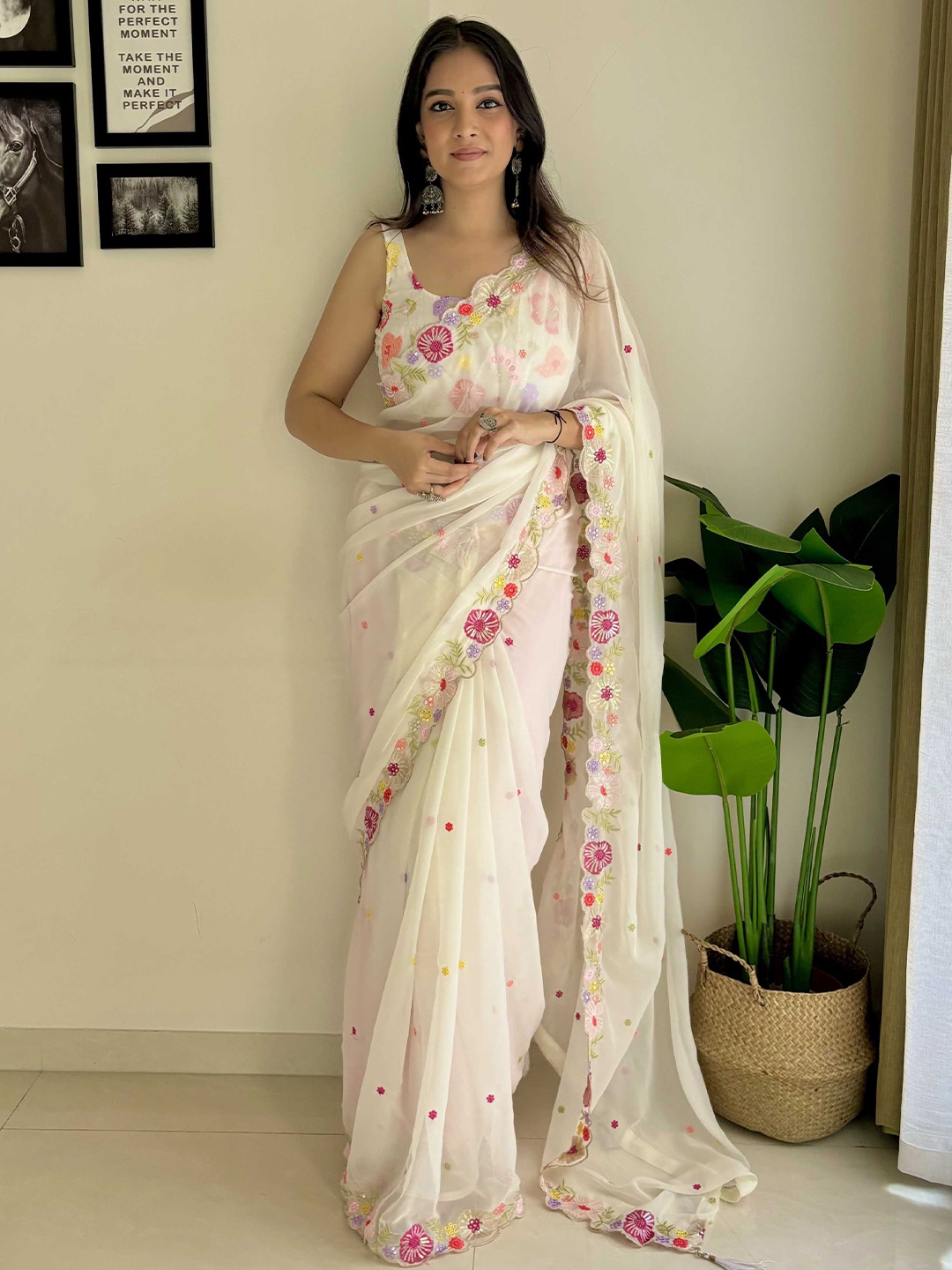 

Mitera Embroidered Sequinned Poly Georgette Saree, White