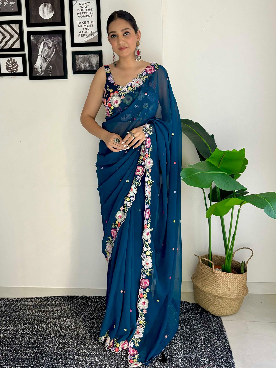 

Mitera Floral Embroidered Sequinned Saree, Teal