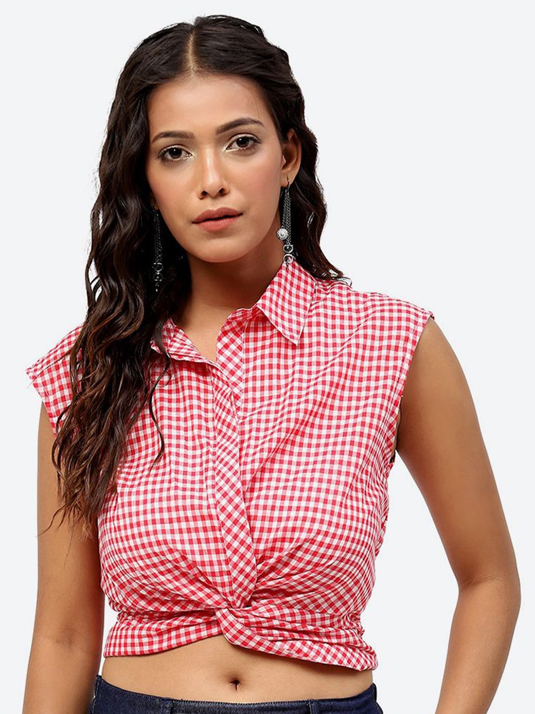 

Baawri Checked Sleeveless Pure Cotton Shirt Style Crop Top, Pink