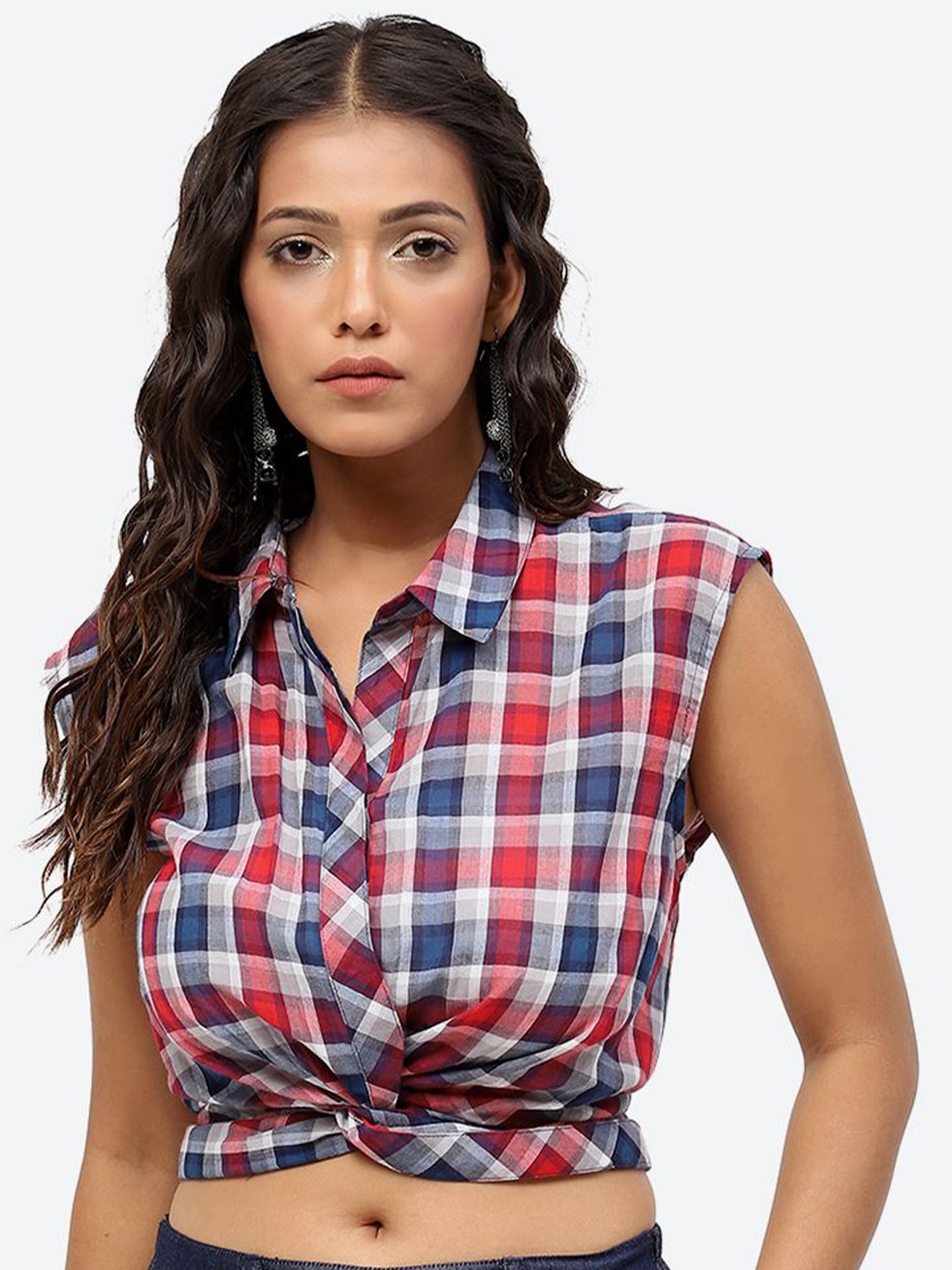 

Baawri Checked Sleeveless Twisted Pure Cotton Style Crop Top, Red