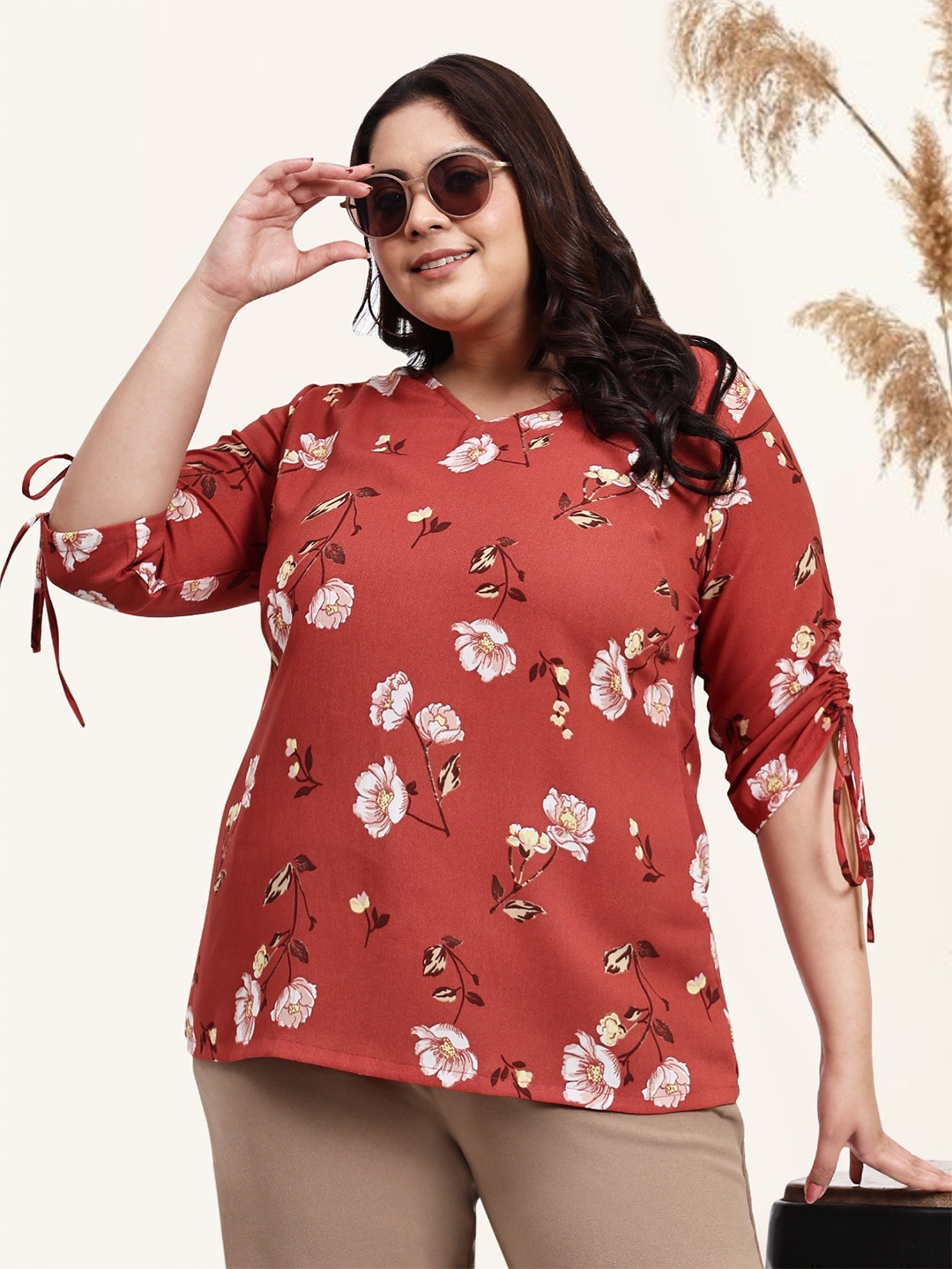 

wild U Plus Size Floral Printed Tie-Ups Sleeves Top, Rust