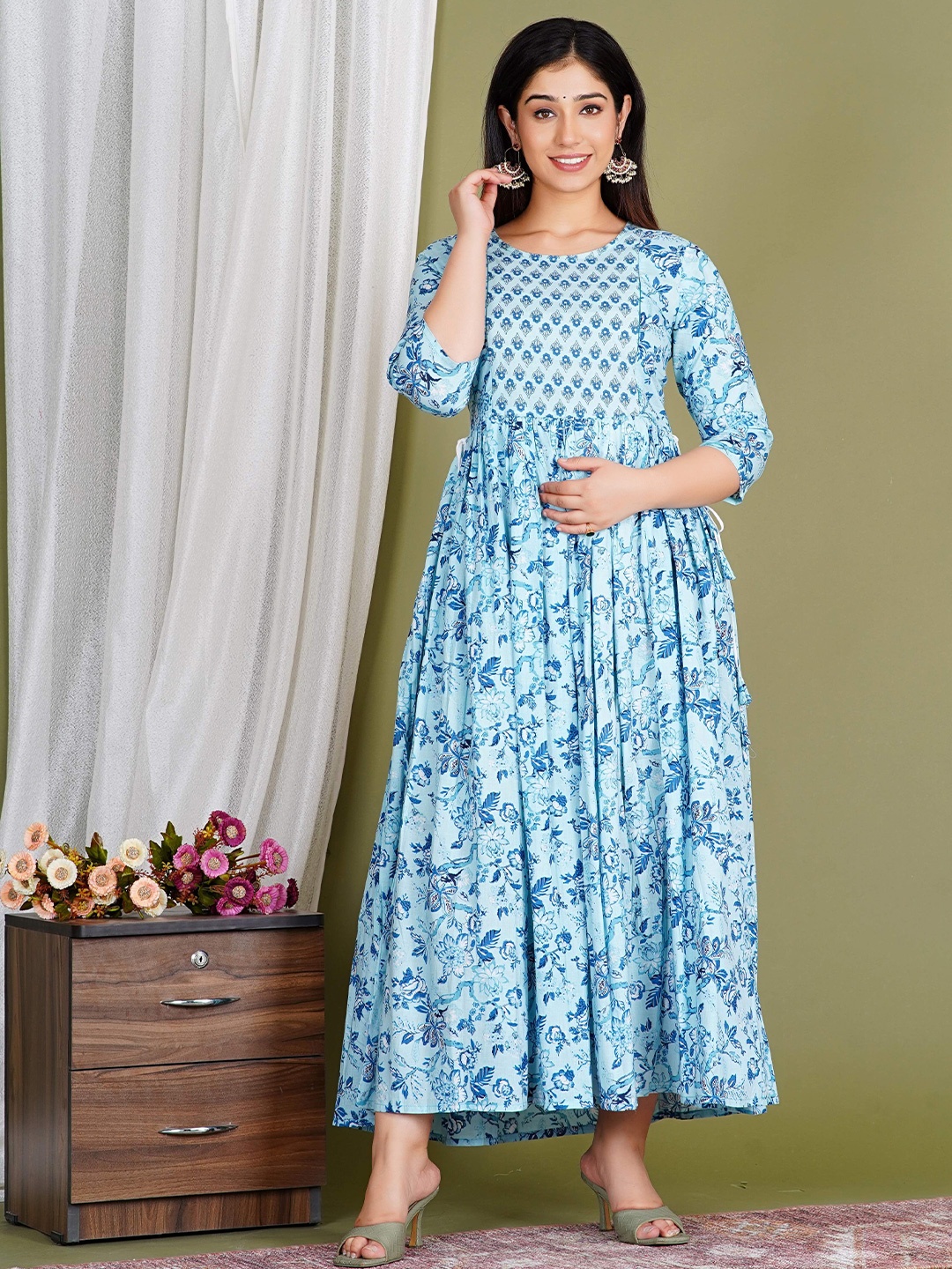 

Gujari Floral Print Maternity Empire Maxi Ethnic Dress, Blue