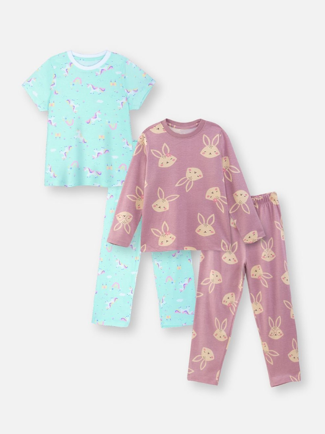 

Nap Chief Kids Pack Of 2 Floral Printed Pure Cotton T-shirt With Pyjamas, Purple