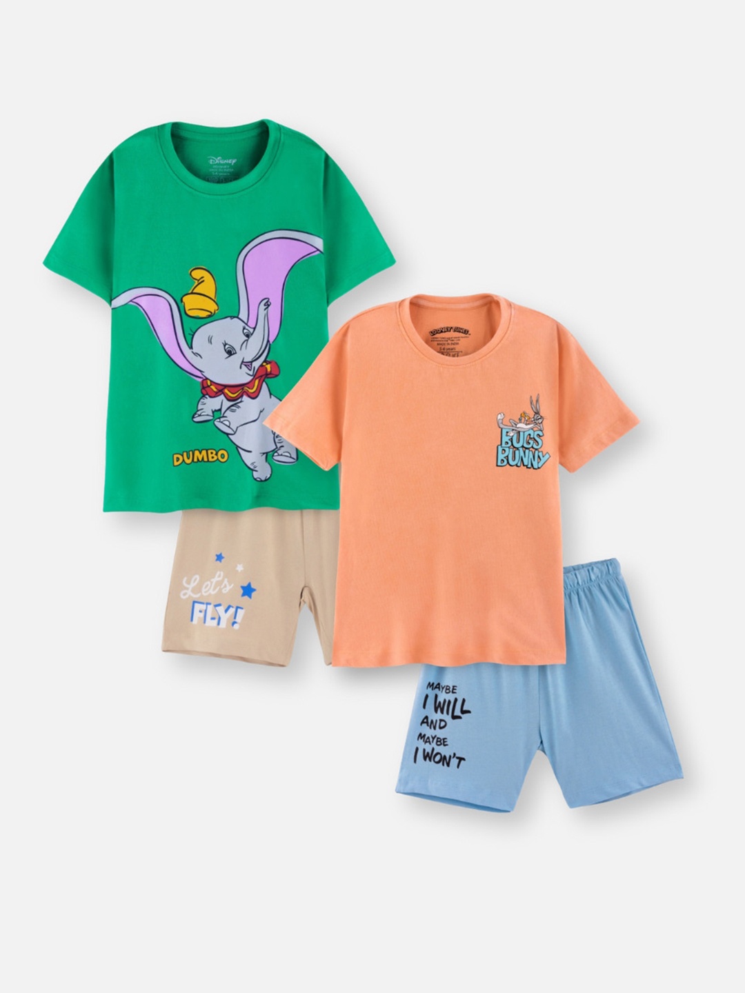 

Nap Chief Kids Unisex Pack of 2 Disney Dumbo & Bugs Bunny Printed Cotton T-shirt & Shorts, Green