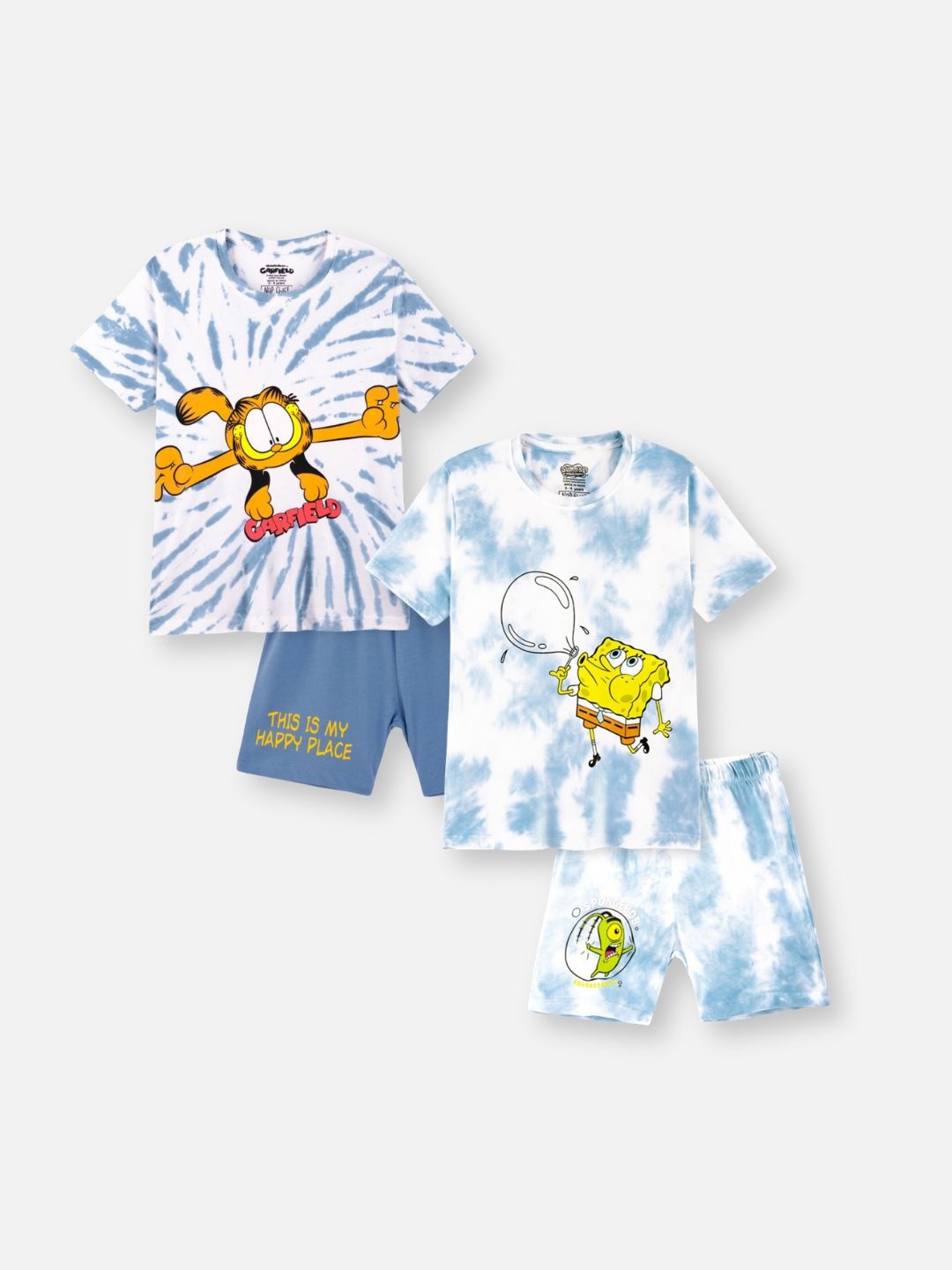 

Kids Unisex Pack of 2 Spongebob & Garfield Printed Cotton Tie & Dye T-shirt with Shorts, White