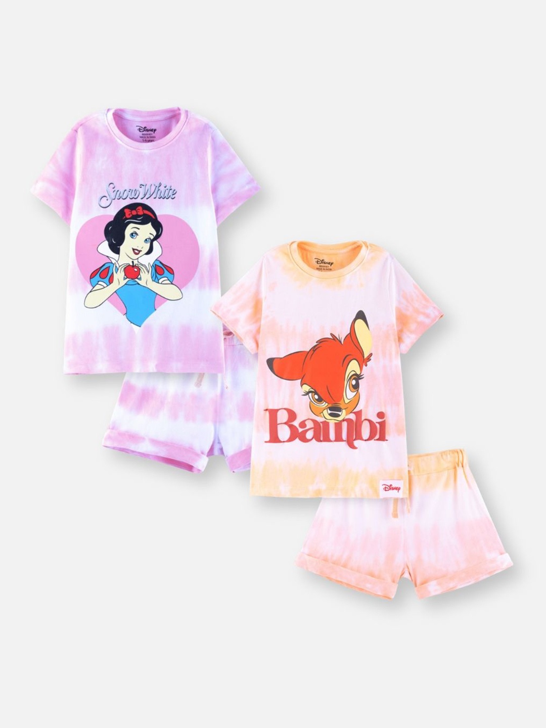 

Girls Pack of 2 Disney Snow White & Bambi Printed Cotton Tie & Dye T-shirt with Shorts, Purple