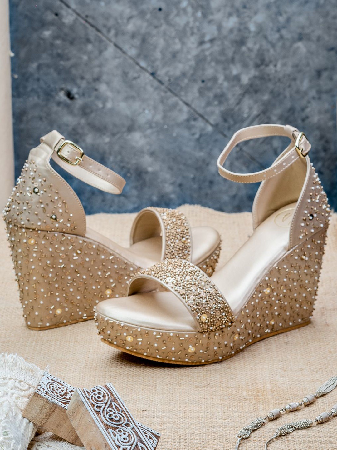 

NR By Nidhi Rathi Embellished Open Toe Wedge Heels, Gold