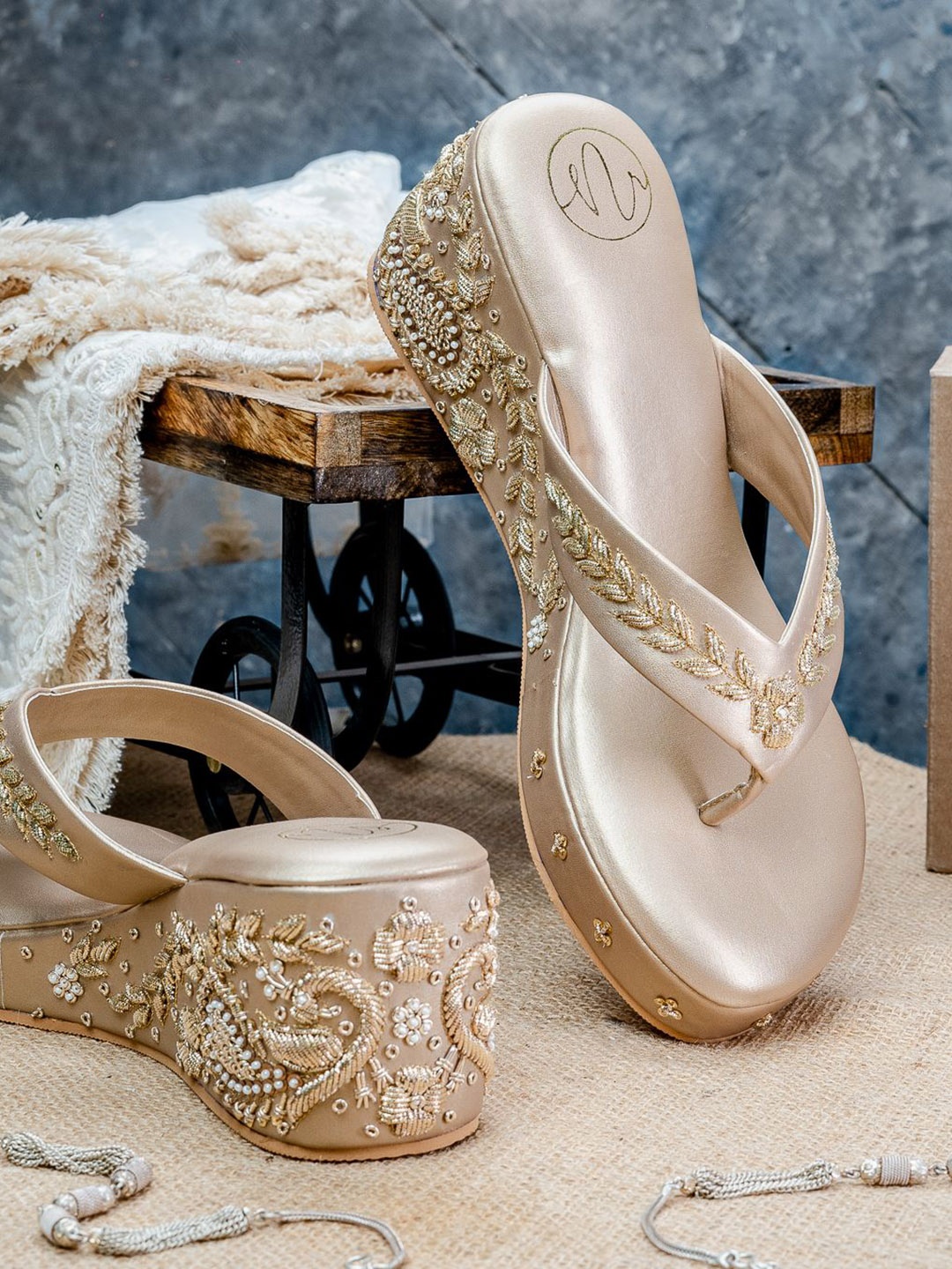

NR By Nidhi Rathi Embellished Open Toe Wedge Heels, Gold
