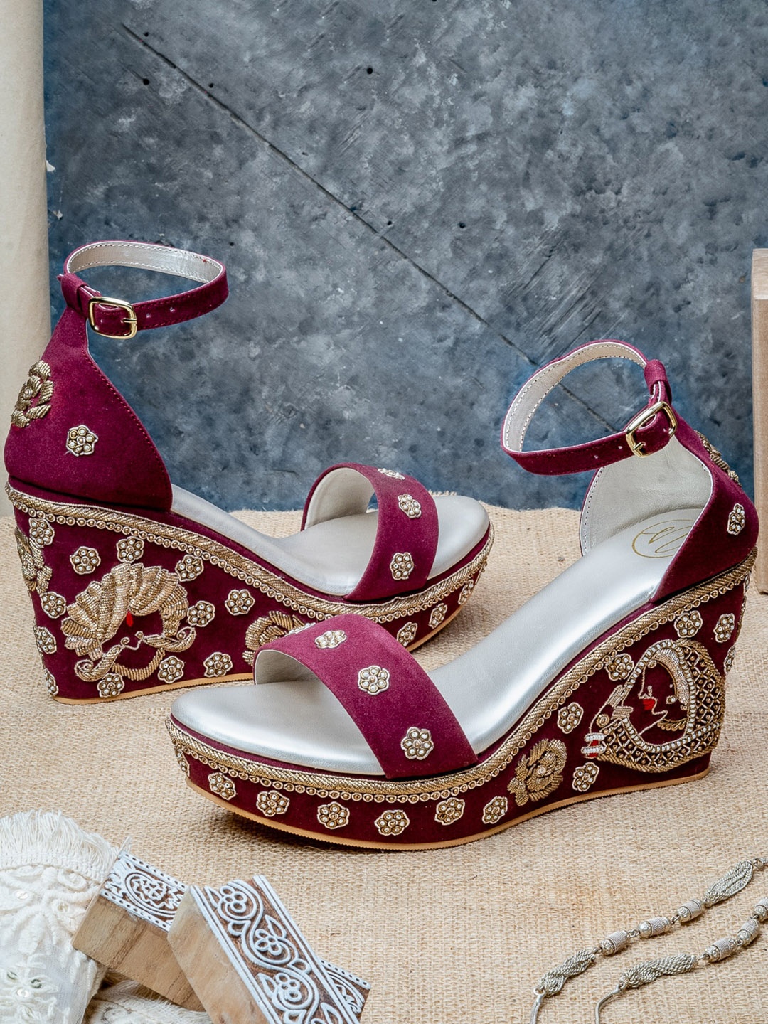 

NR By Nidhi Rathi Embellished Open Toe Velvet Wedge Heels, Maroon