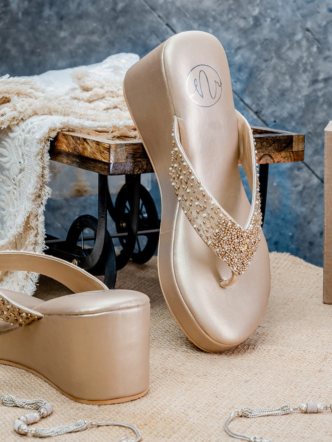 

NR By Nidhi Rathi Embellished Open Toe Wedge Heels, Gold