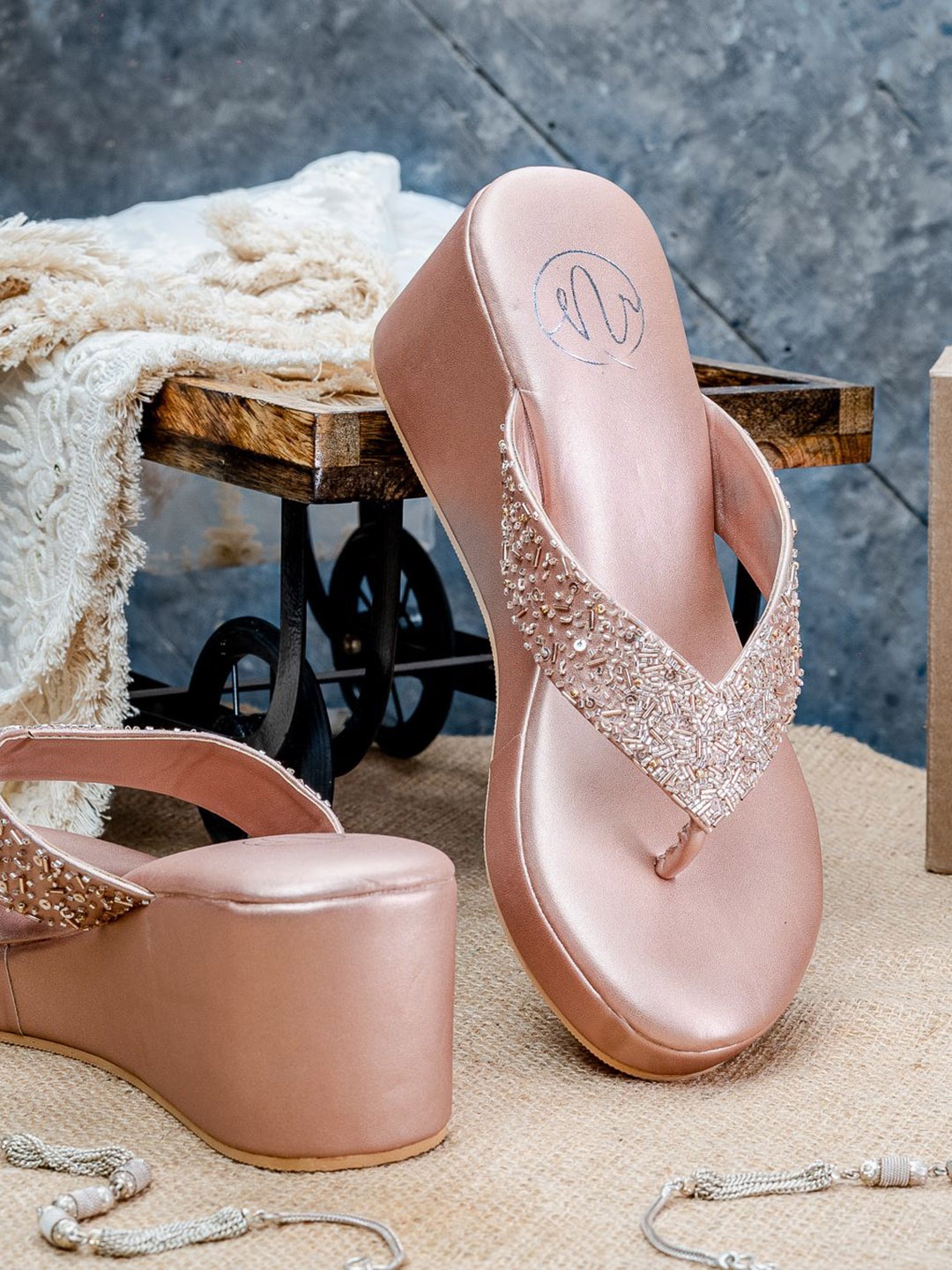 

NR By Nidhi Rathi Embellished Open Toe Wedge Heels, Rose