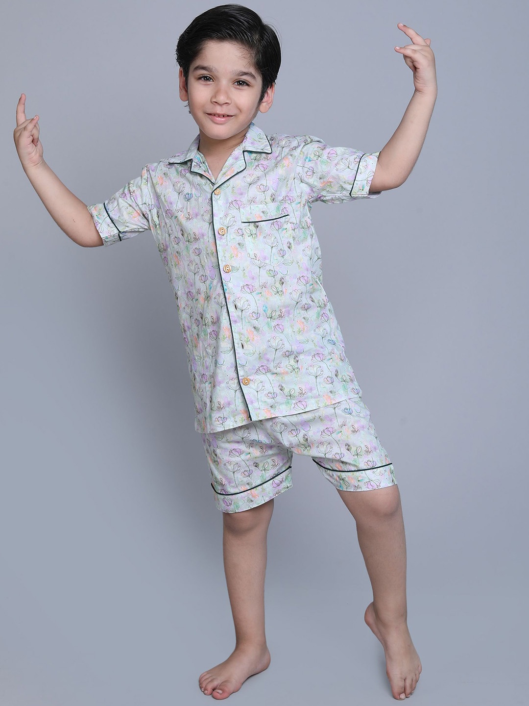 

BAESD Boys Floral Printed Pure Cotton Night suit, Green